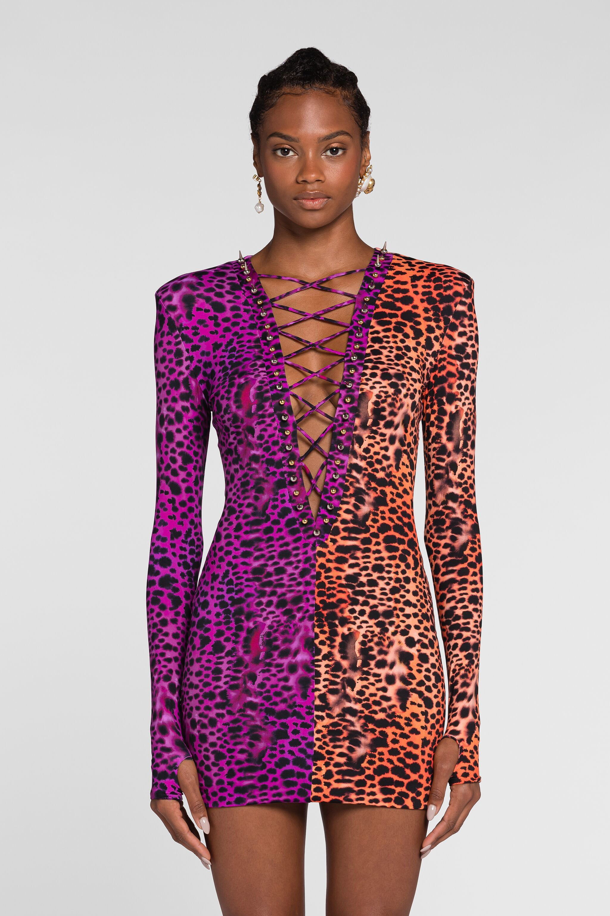 Roberto Cavalli Jersey Printed Lace-up V Neck Mini Dress In Purple