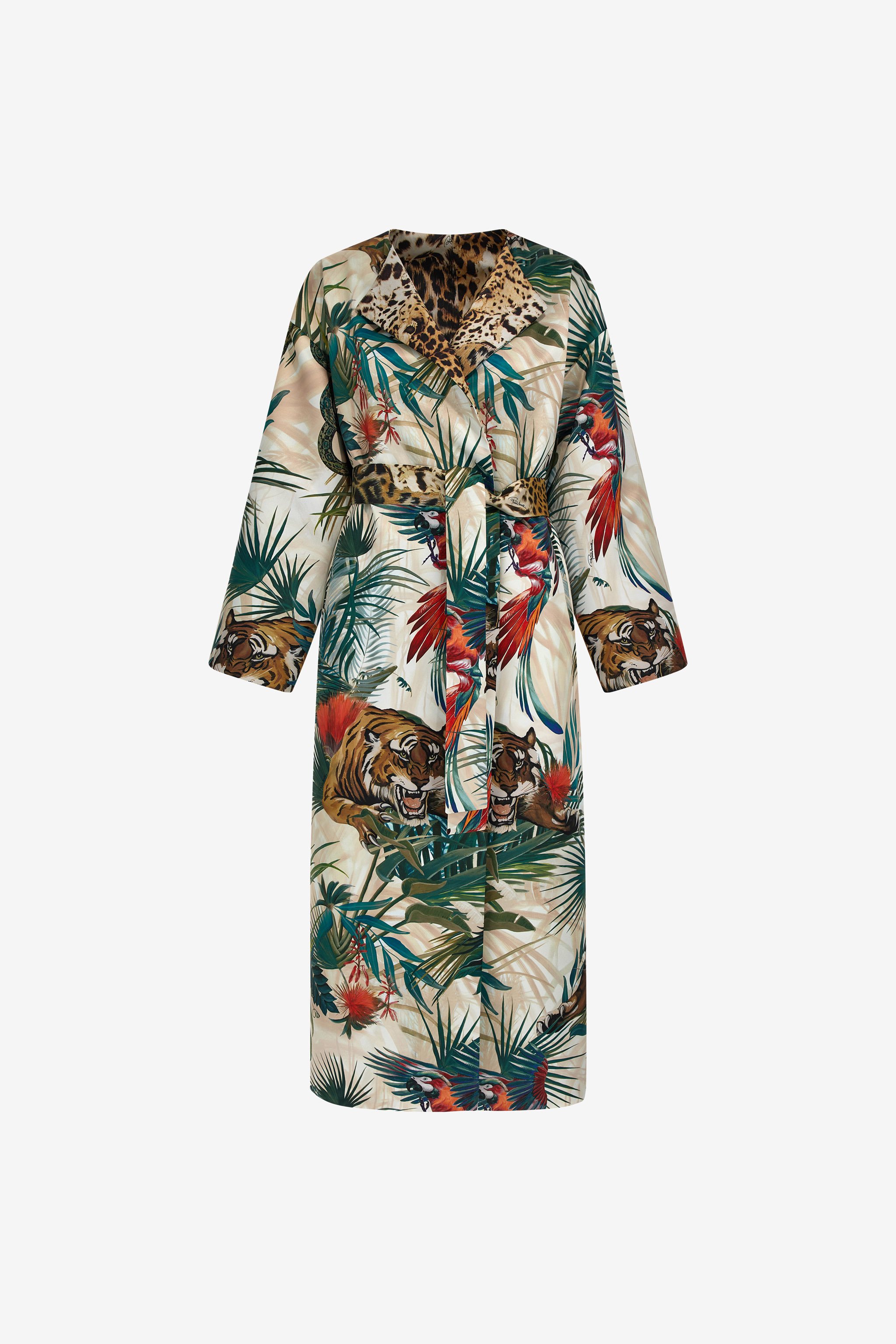 Jungle Print Belted Robe Coat With Silk Details