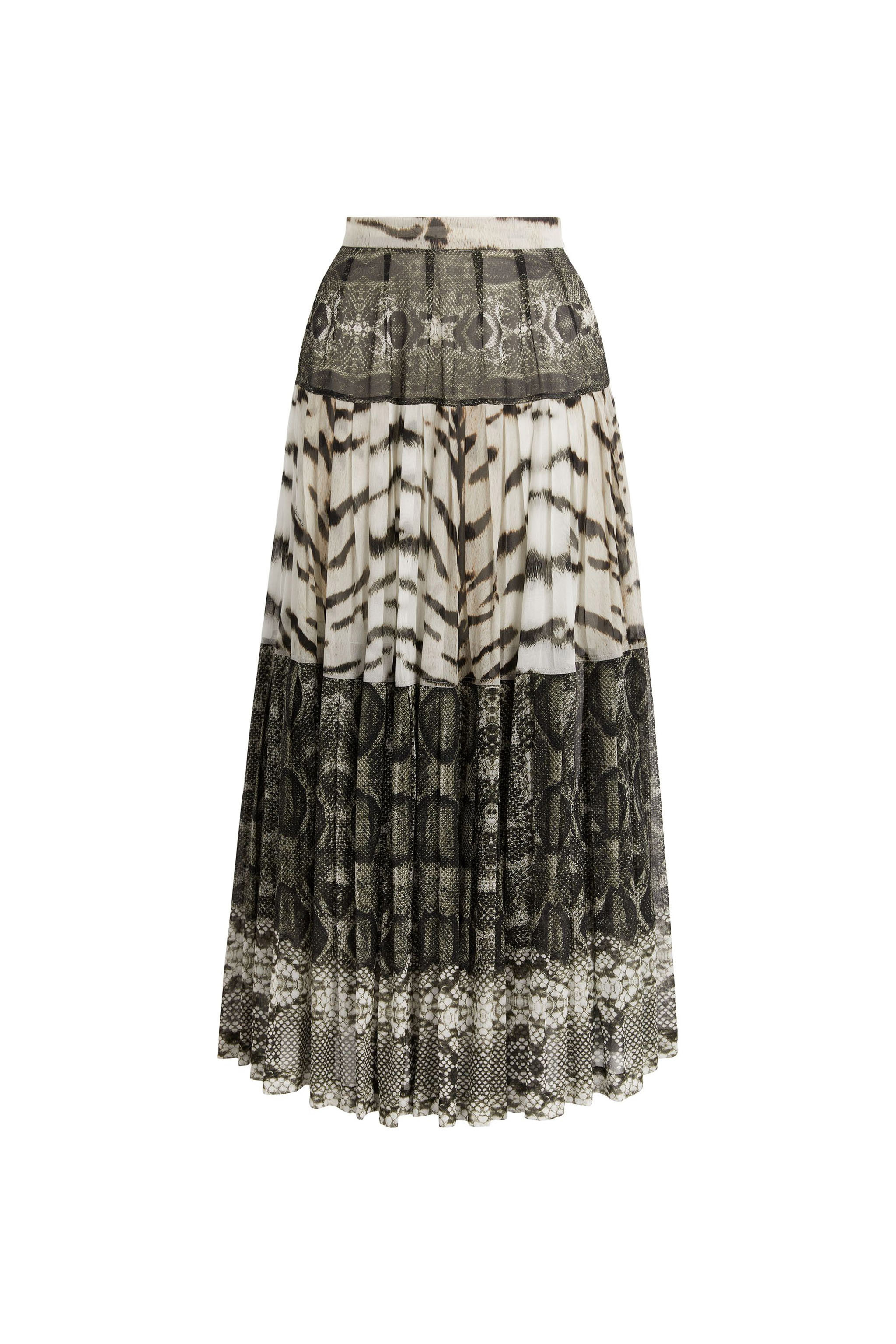 Roberto Cavalli La Tigresse Reptilla Pleated Skirt In White/black/natural