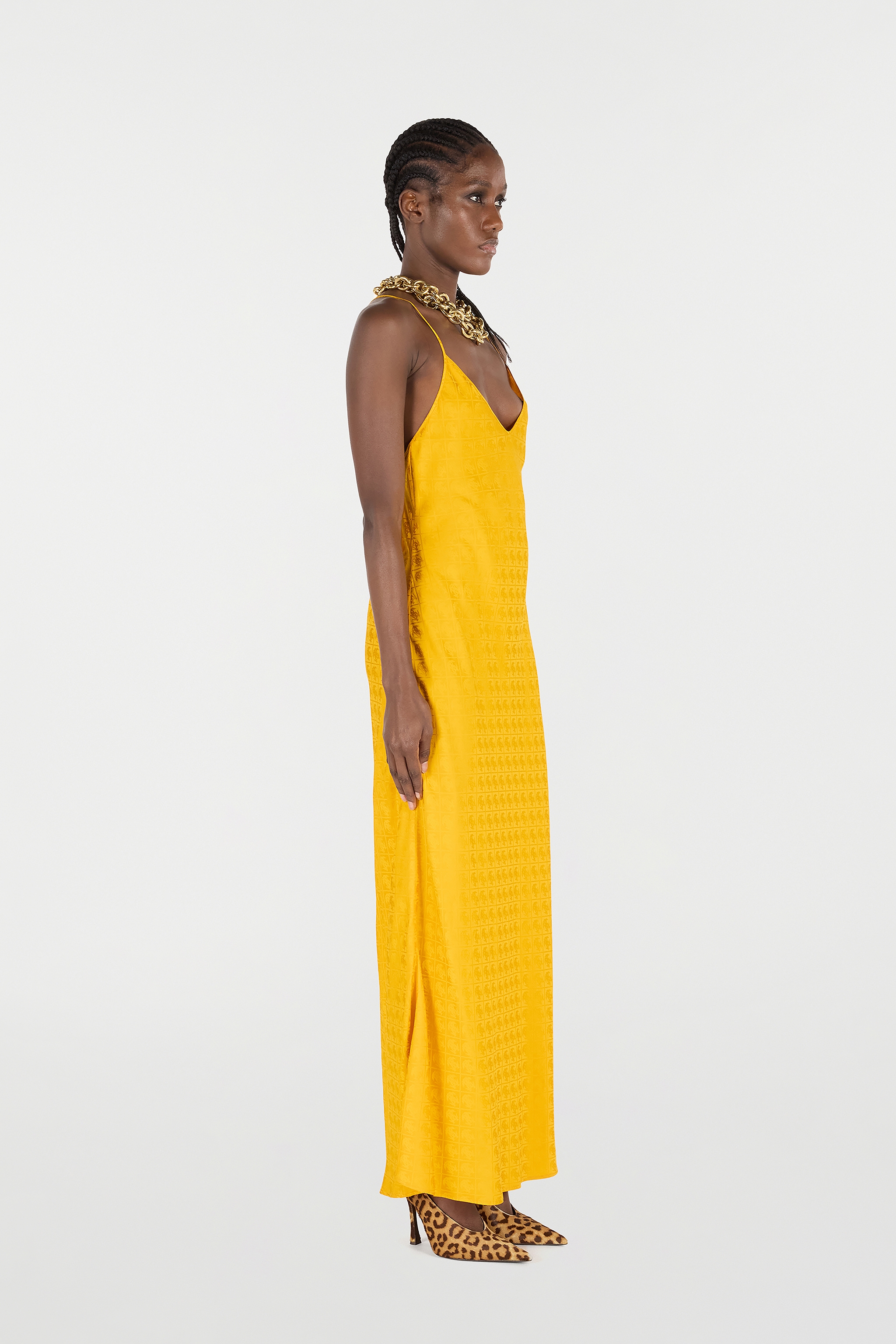 Roberto Cavalli Long Dress With Mirror Snake Monogram In Yellow