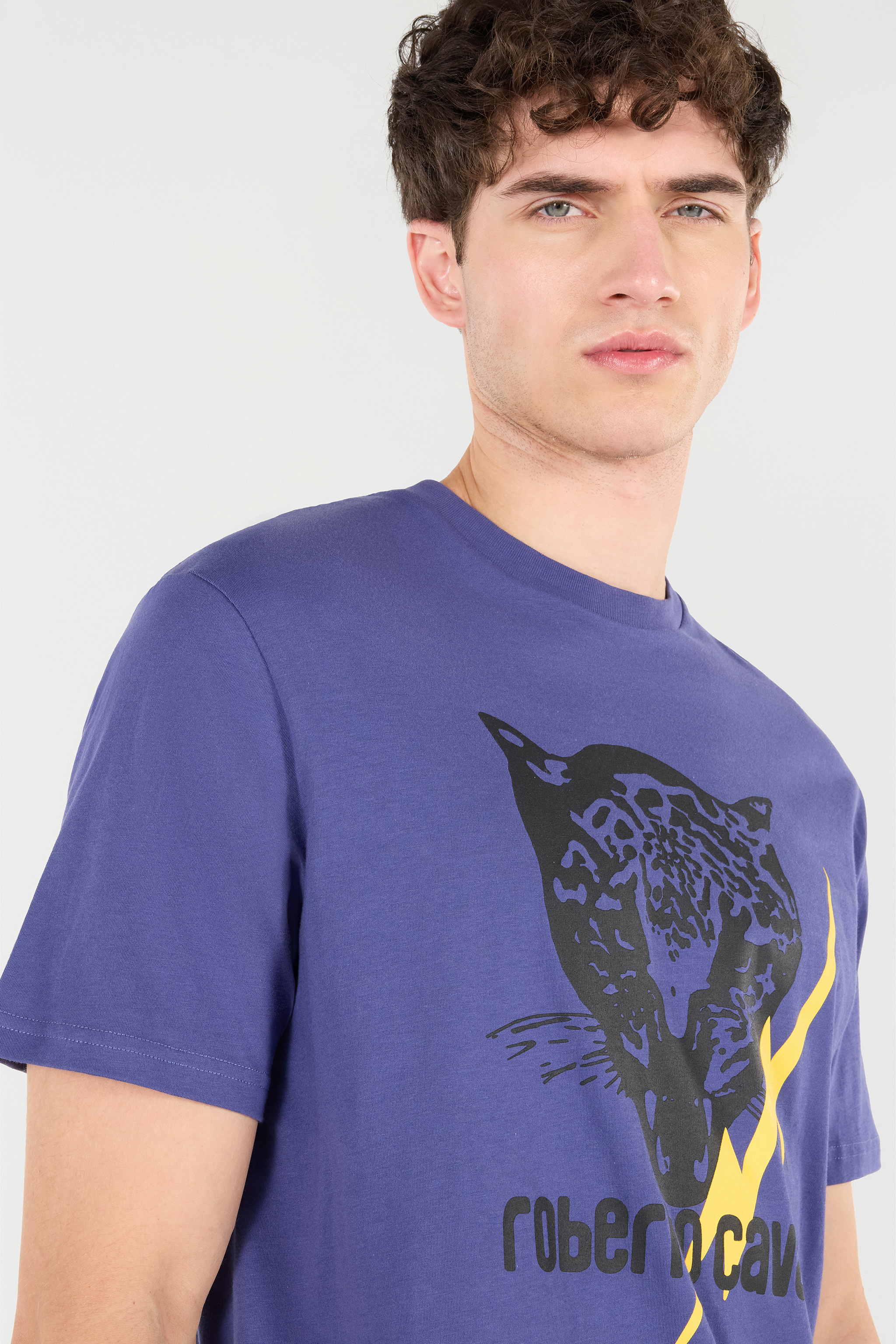 Roberto Cavalli T-shirt With Lightning Bolt And Jaguar In Navy