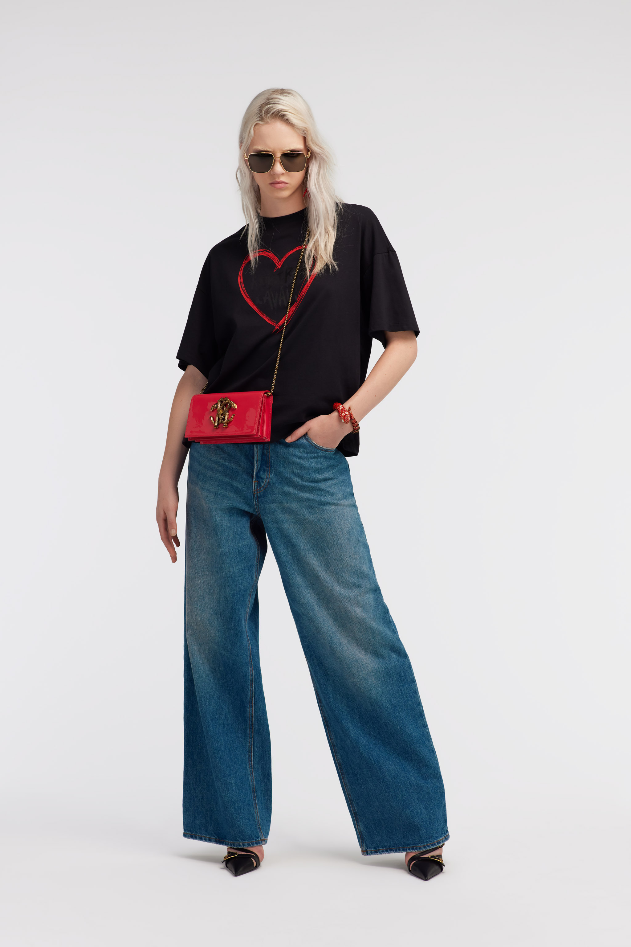 ROBERTO CAVALLI SCHWARZES T-SHIRT MIT HERZ-LOGO 