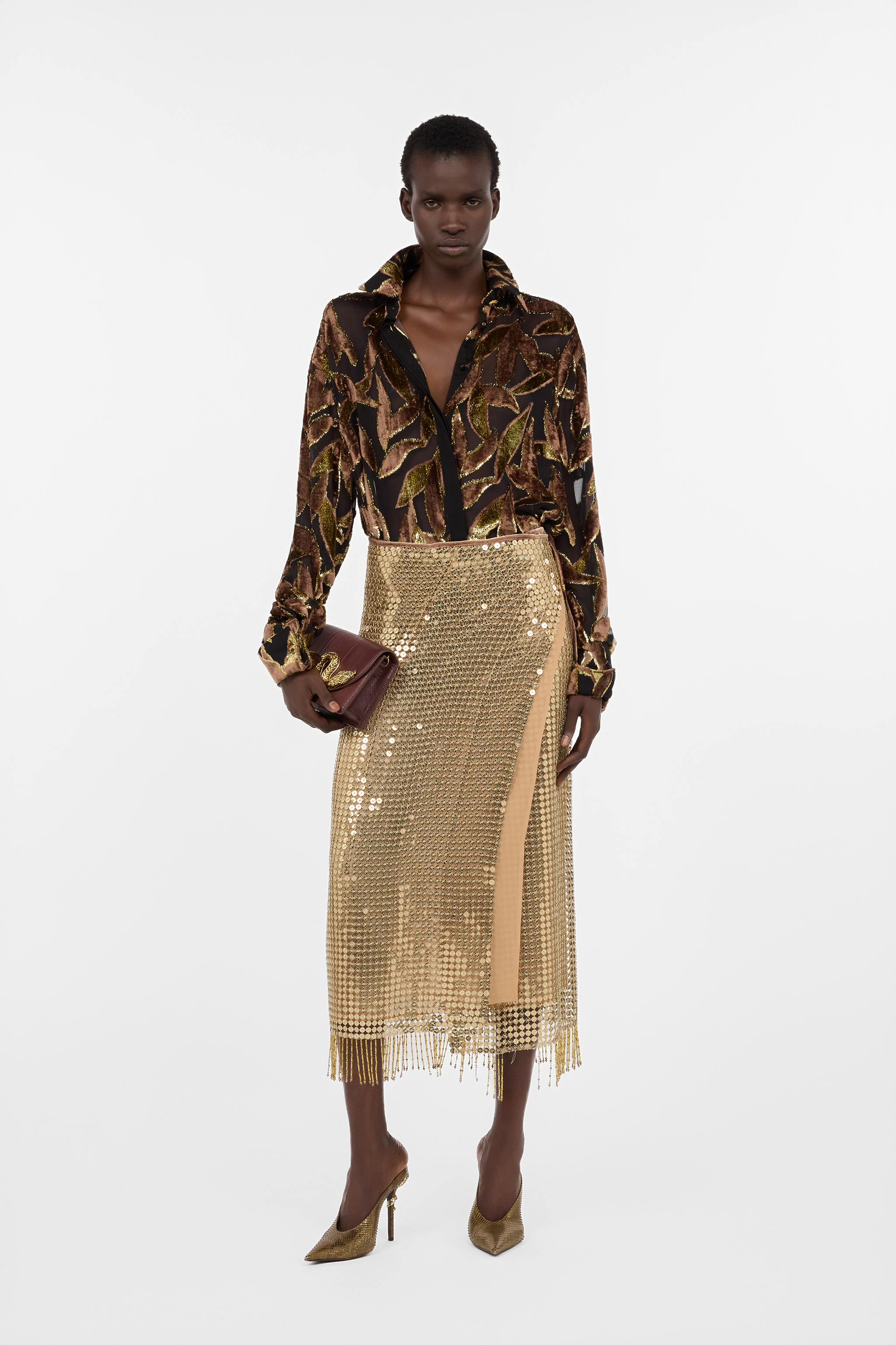 Roberto Cavalli Sequin Fringed Midi Skirt In Gold