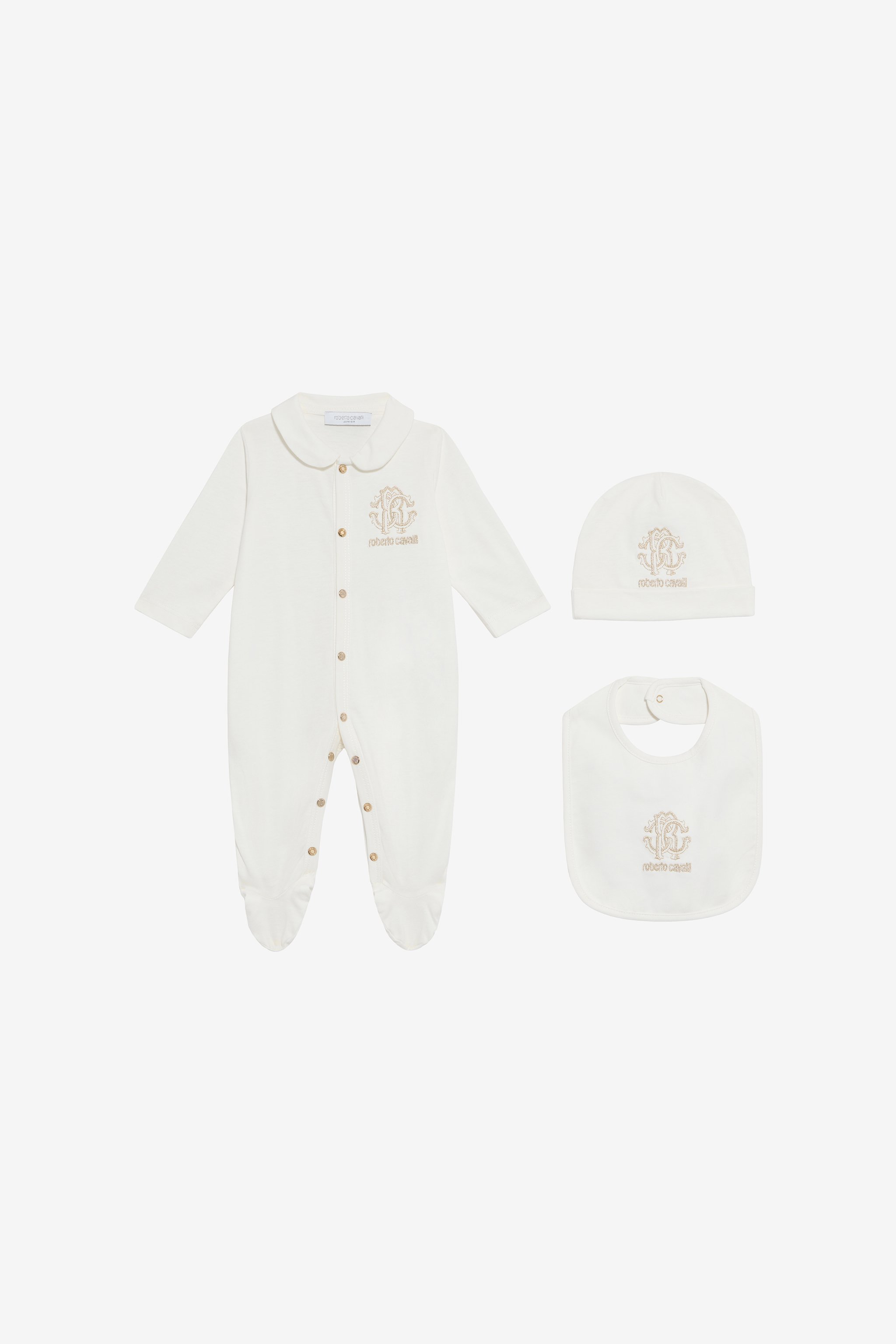 Roberto Cavalli Milk White Hat, Bib, And Romper Set With Logo In White