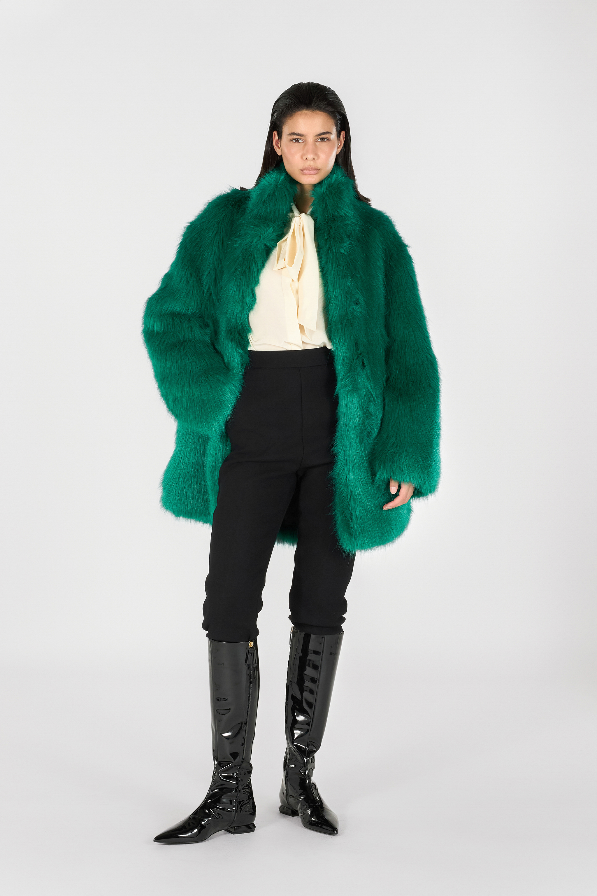 Roberto Cavalli Faux Fur Coat With High Collar In Green