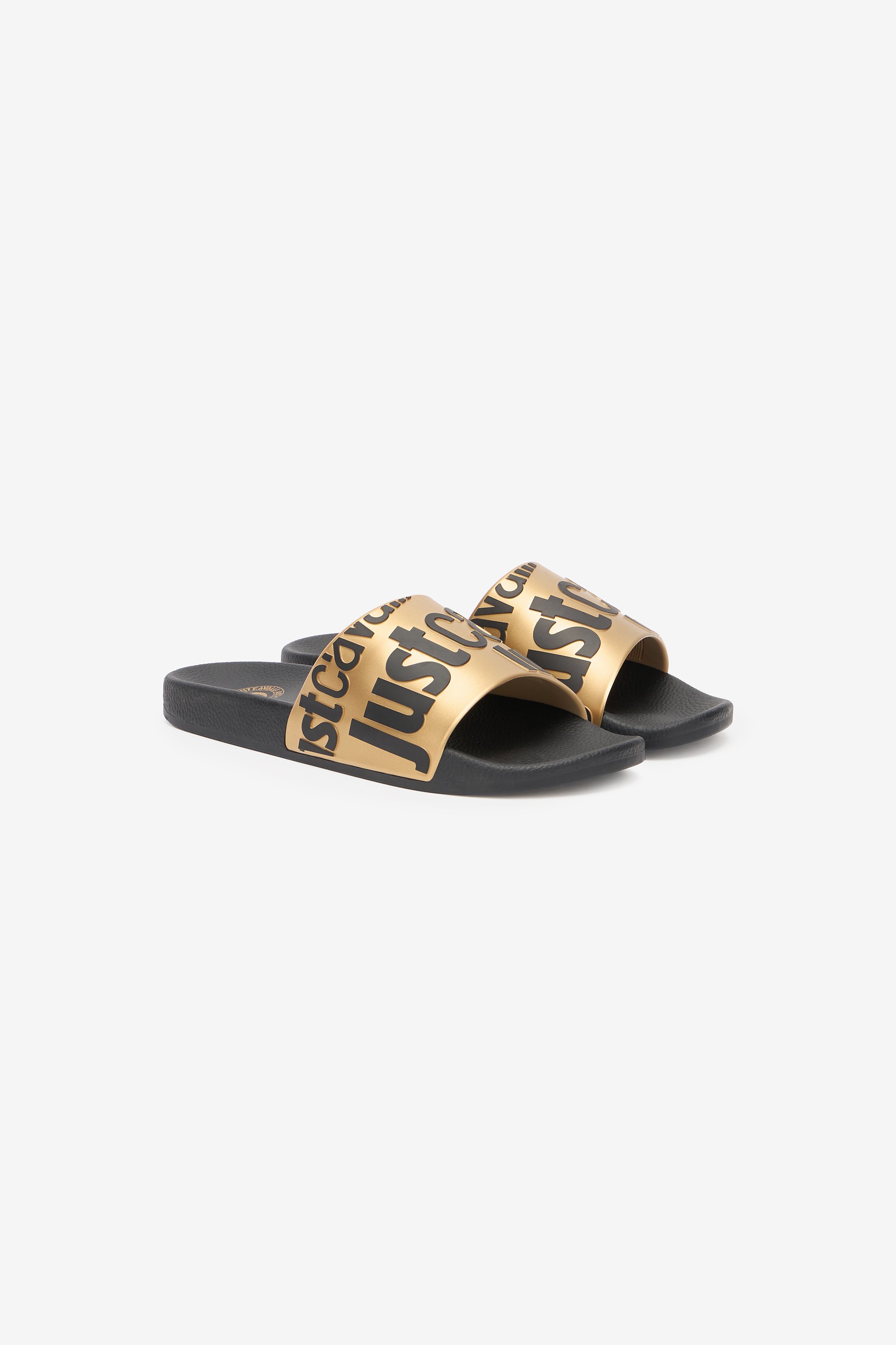 Roberto Cavalli Slides With Lettering In Black/gold