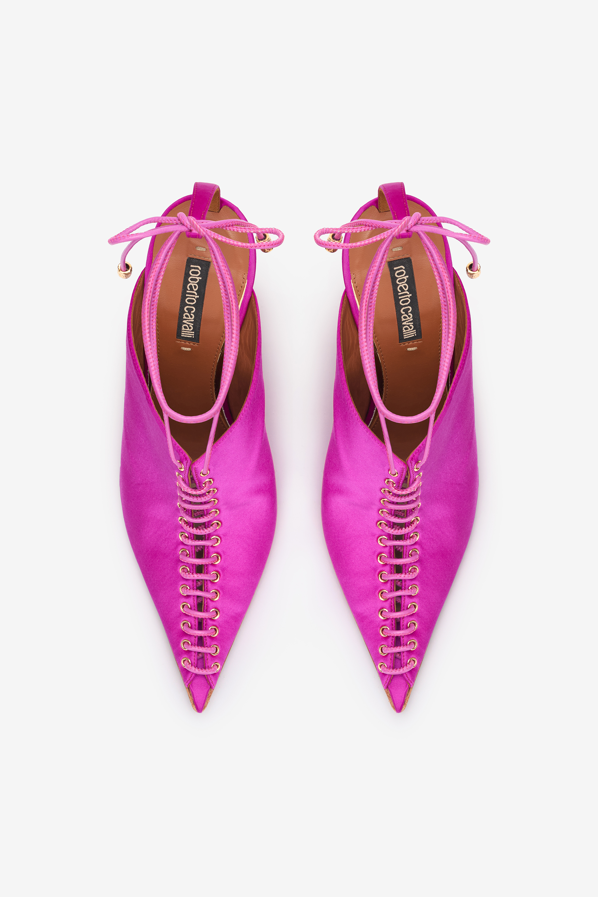 Roberto Cavalli Satin Lace-up Mules In Fuchsia
