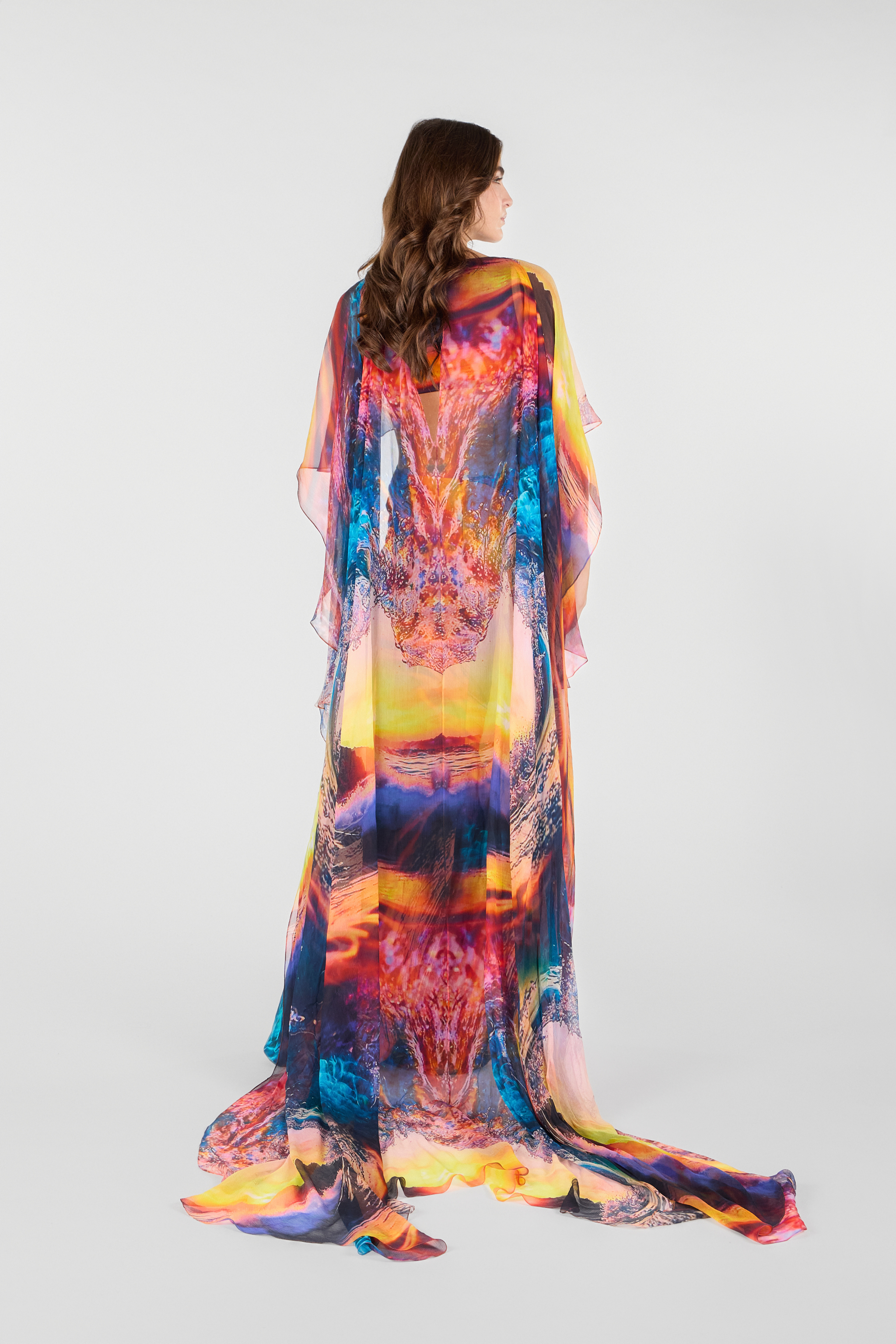 Itaca Print Long Dress with Cape in Blue/Orange for Women