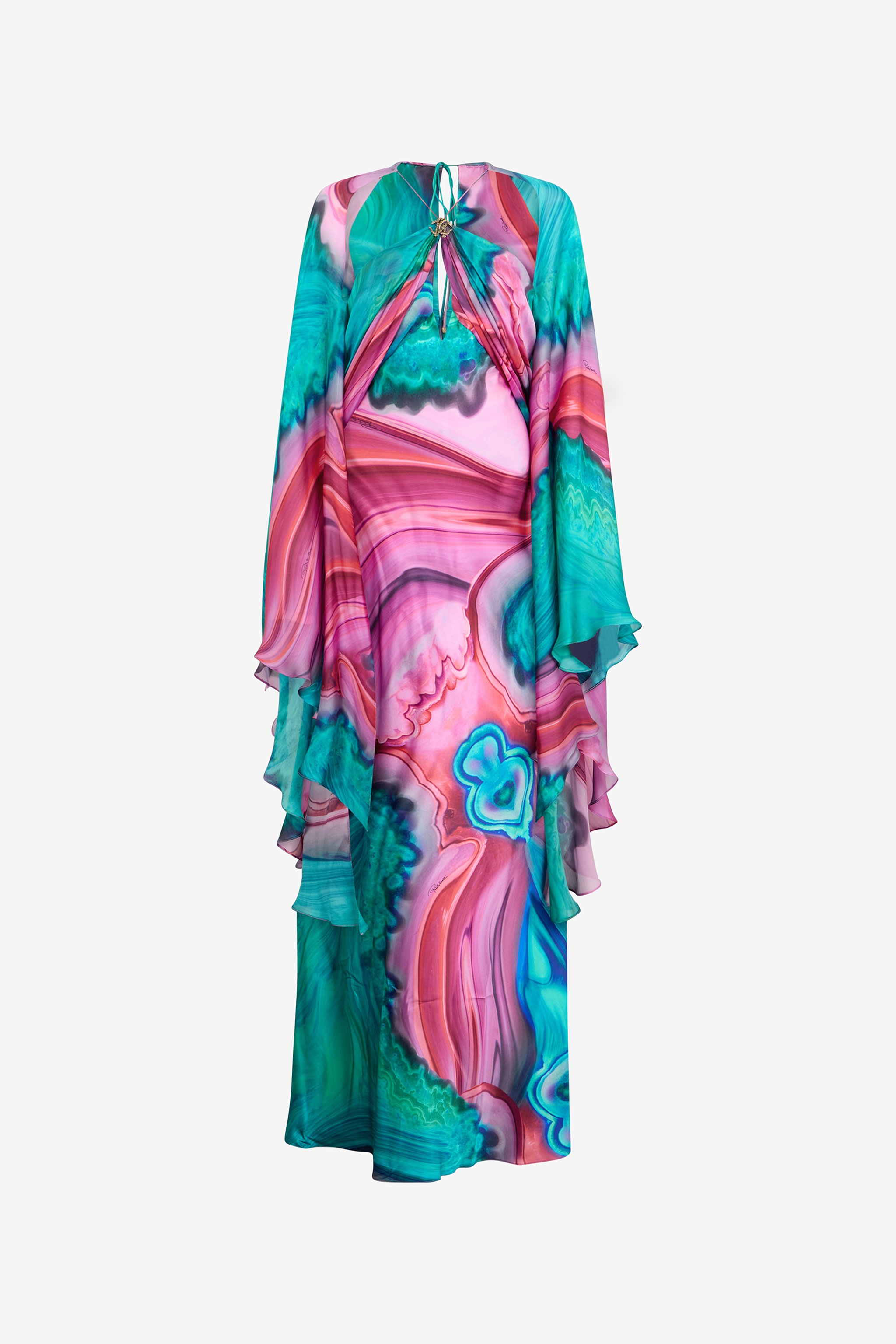Long silk dress with cut-out and multicolor marble print