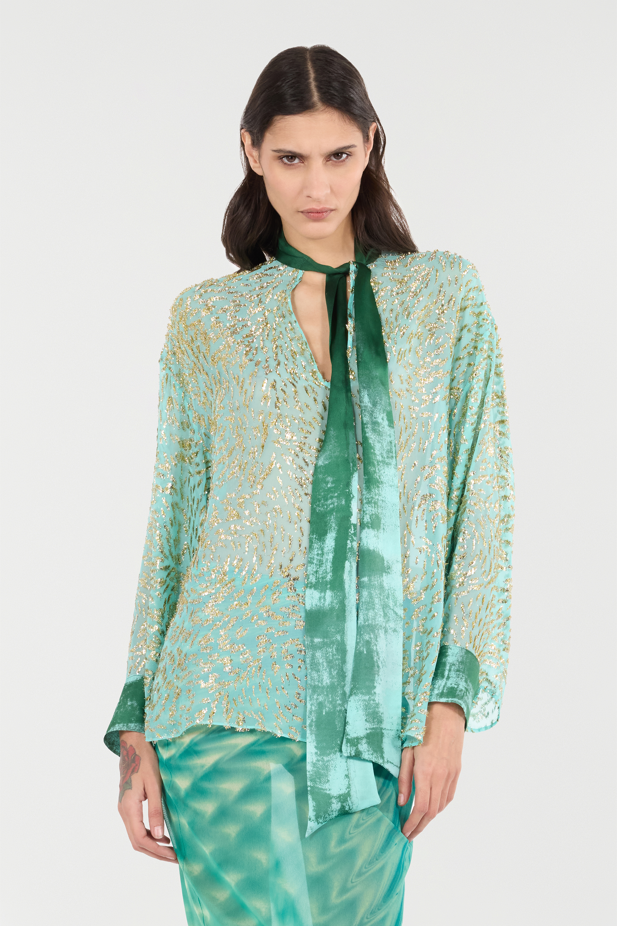 ROBERTO CAVALLI SILK BLEND BLOUSE WITH SHIMMERING PATTERN 