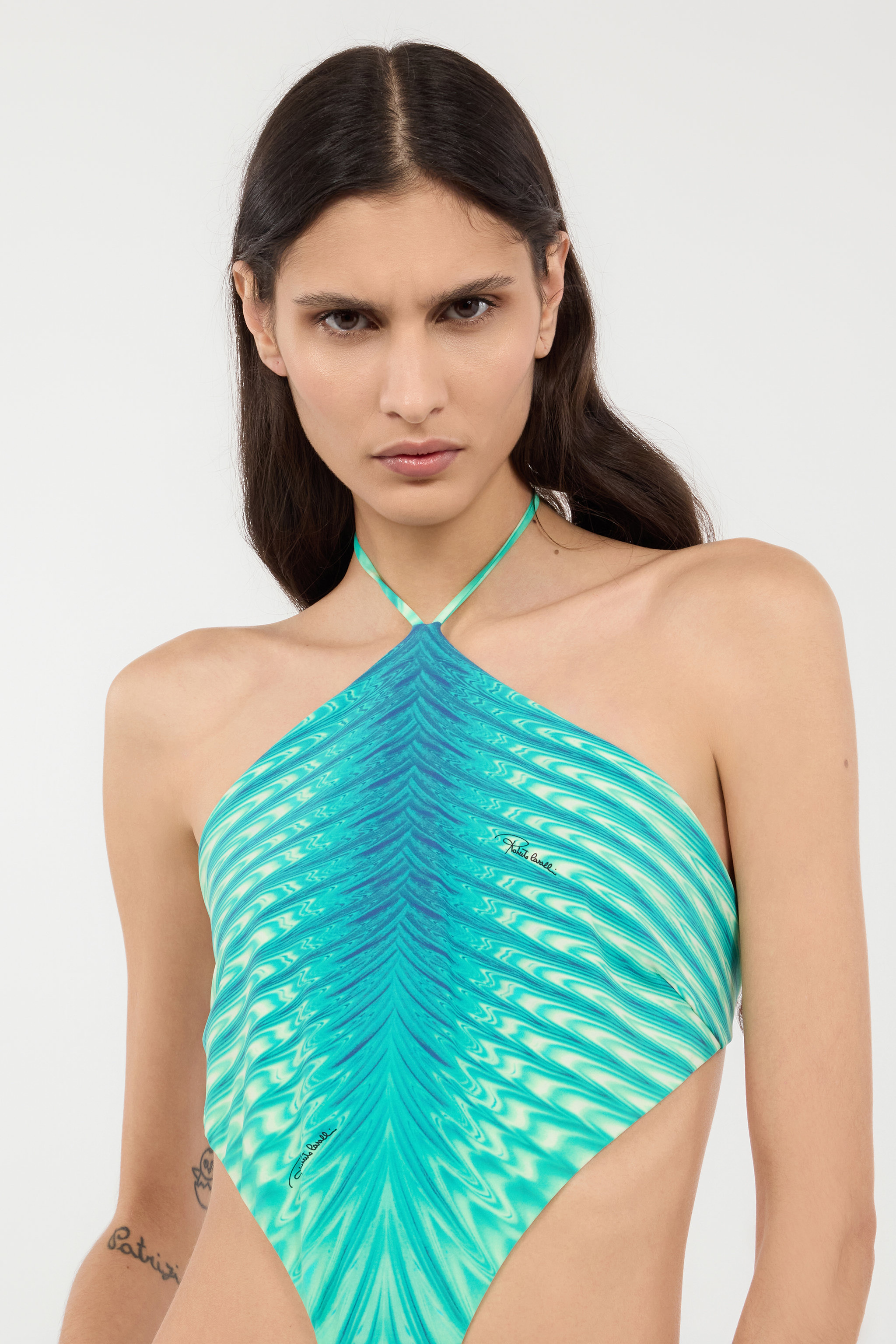 Roberto Cavalli Trikini Mit Print Optical Glass Und Schlangenring In Verde
