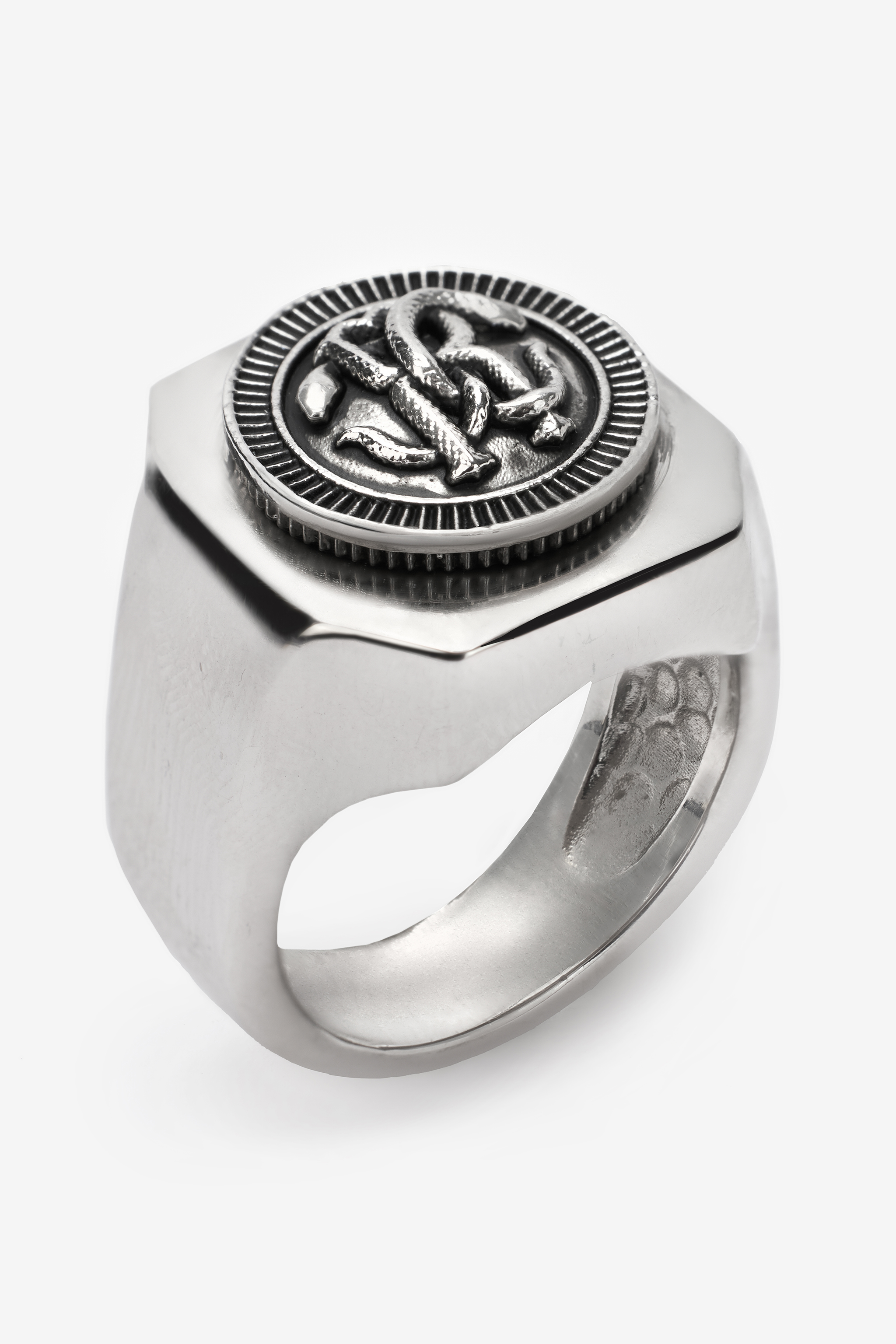 Roberto Cavalli Ring With Monogram Mirror Snake In Silver