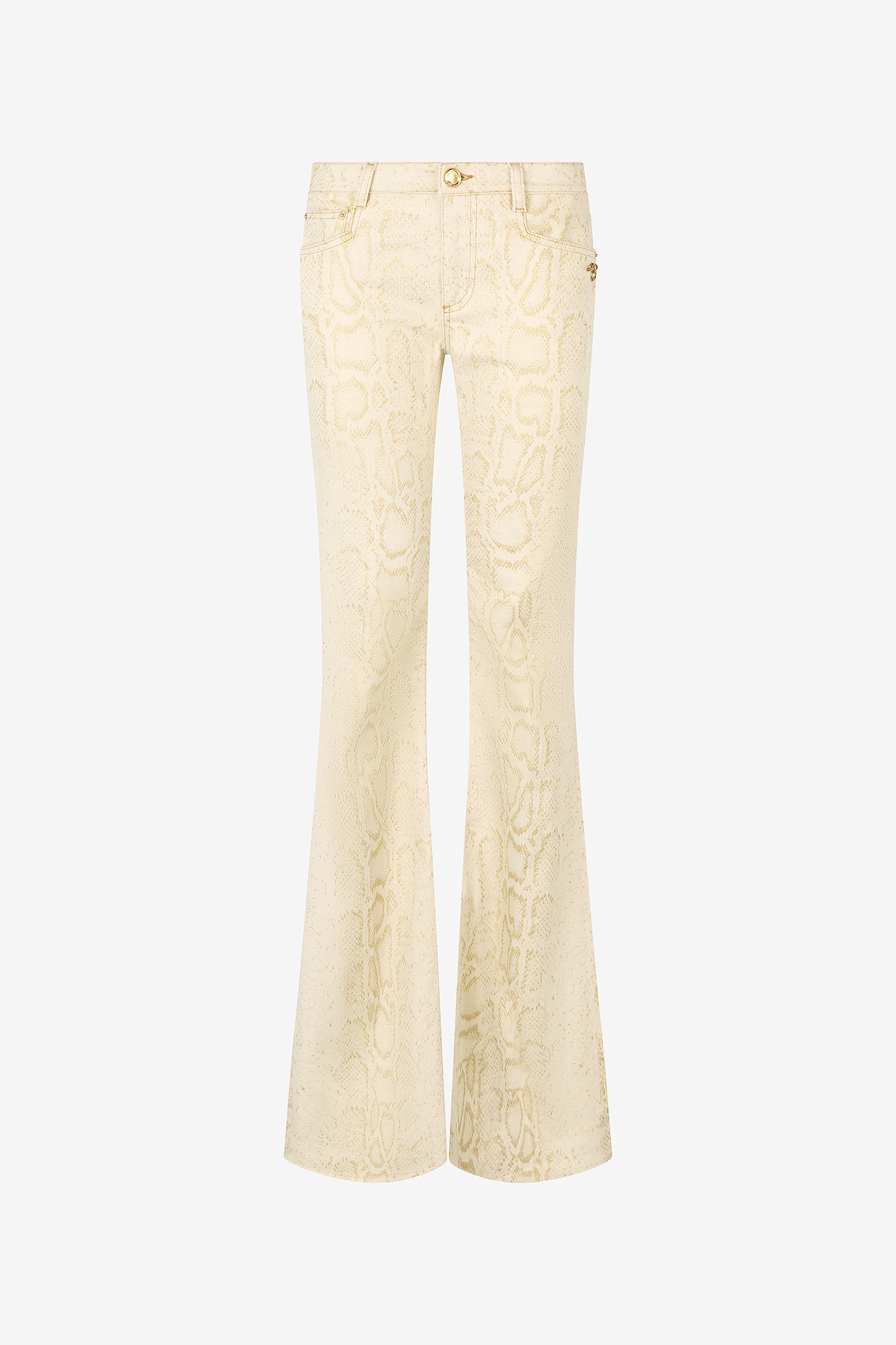 Roberto Cavalli White Flared Jeans with Gold Python Motif