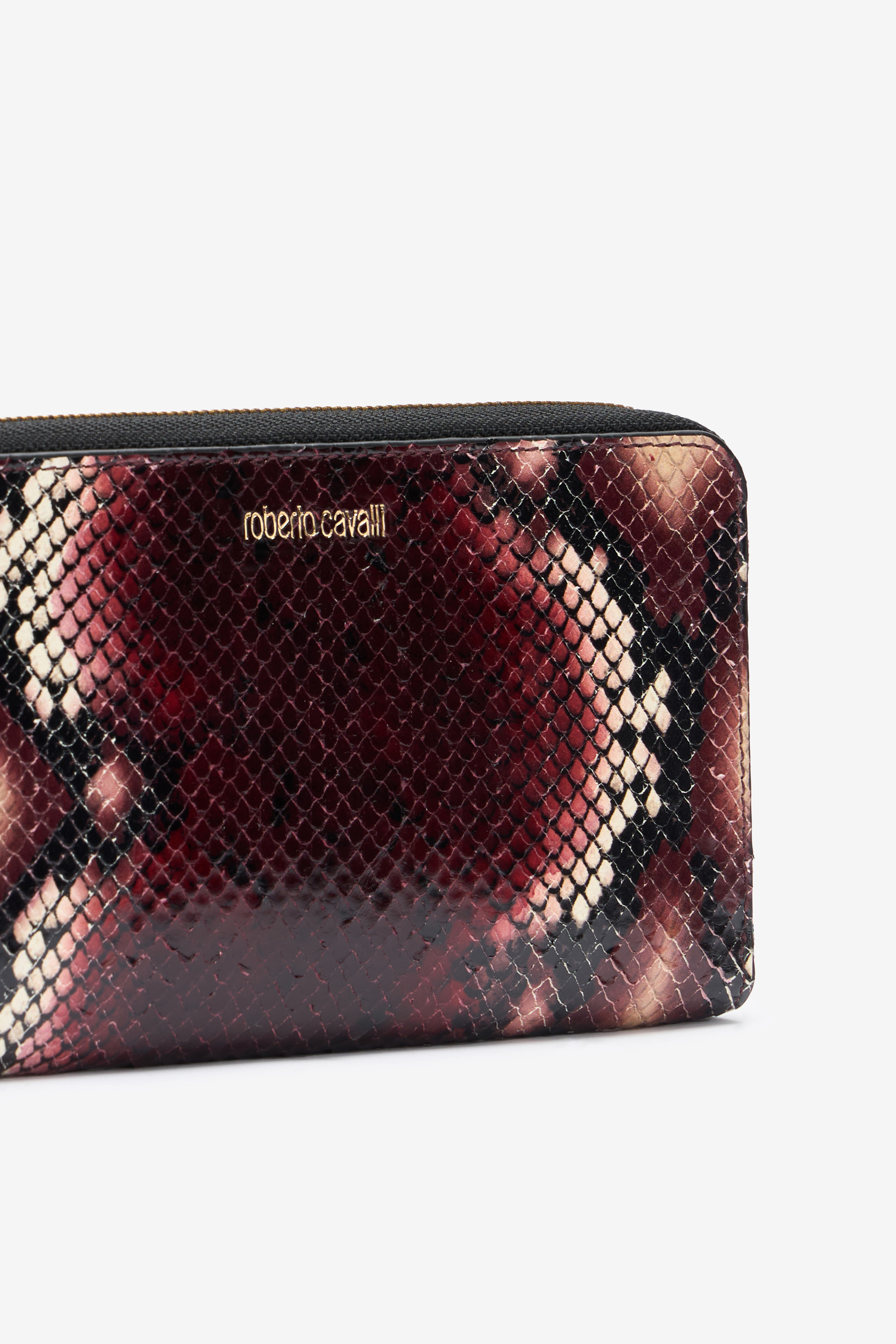 Roberto Cavalli Zip-around Wallet In Printed Leather In Purple