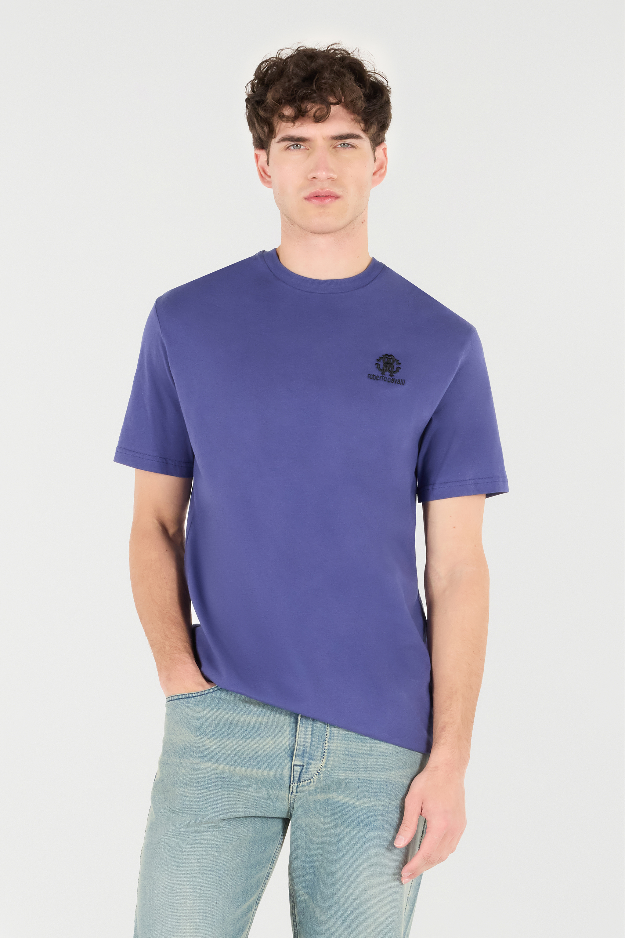 Roberto Cavalli T-shirt With Monogram Rc Embroidery And Logo In Navy