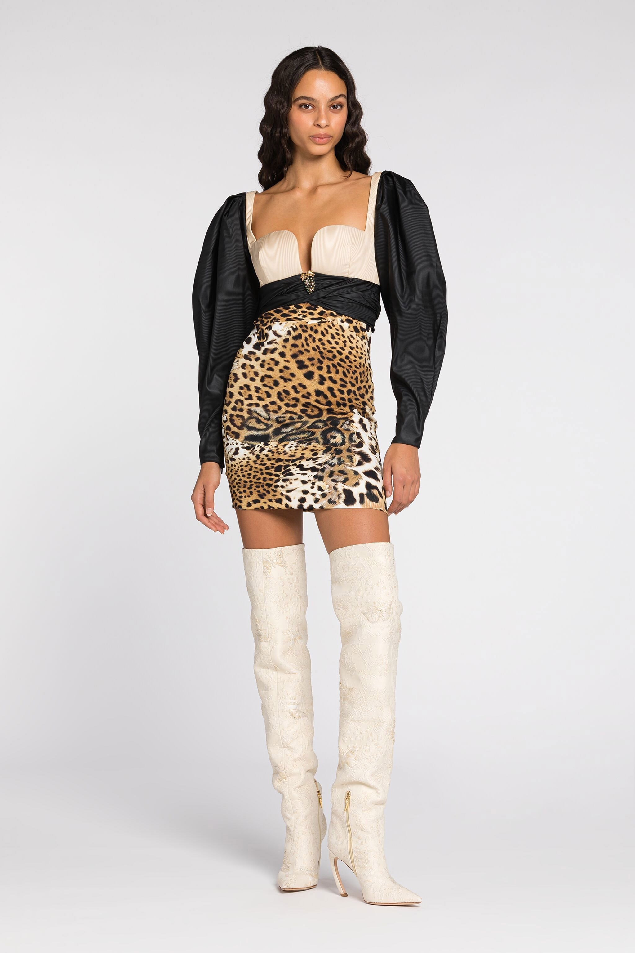Shop Roberto Cavalli Minikleid Mit Jaguar-print Und Moiré-elementen In Light Brown