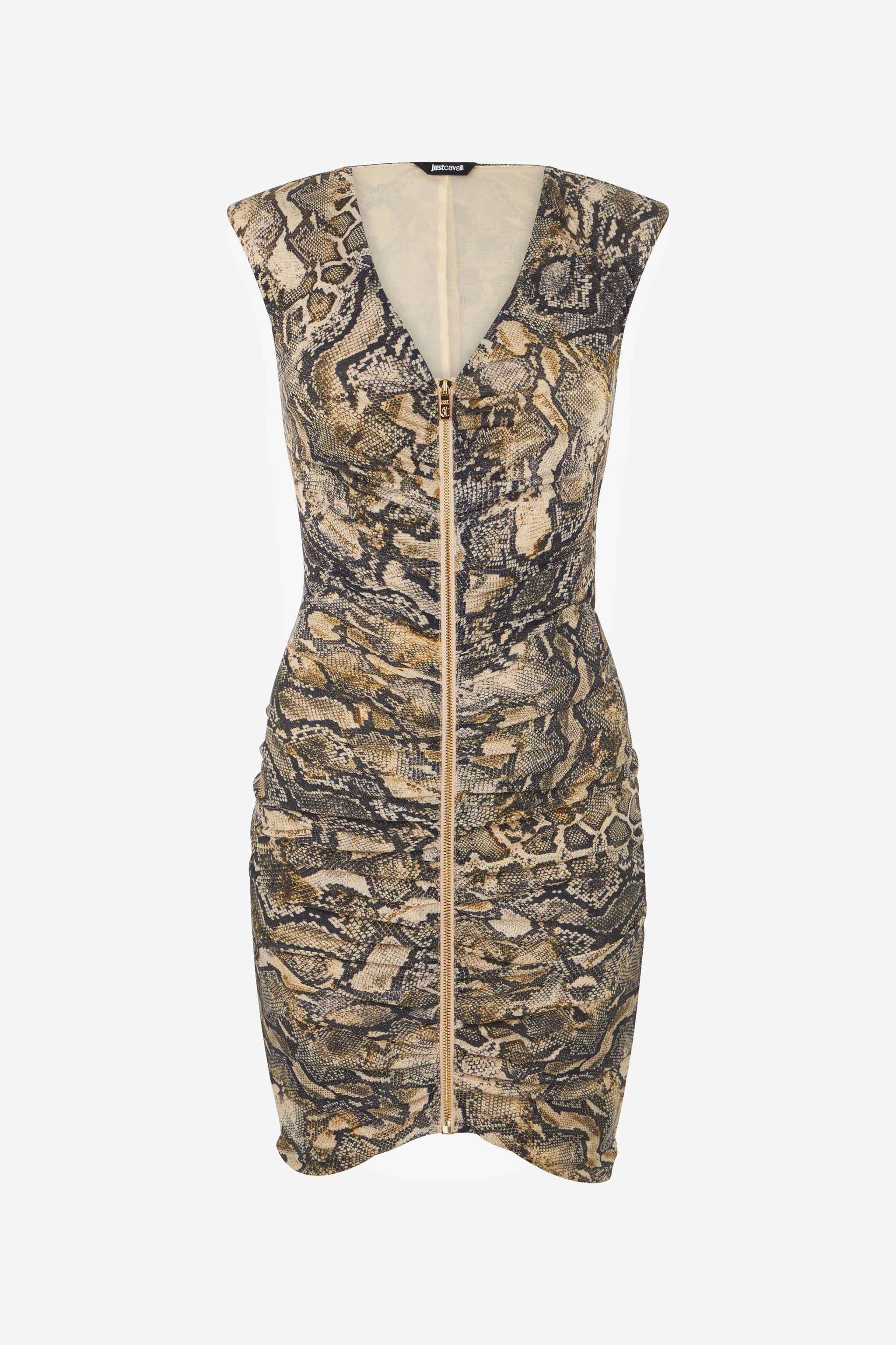 Roberto Cavalli Mini Dress With Zip And Python Print In Corteccia