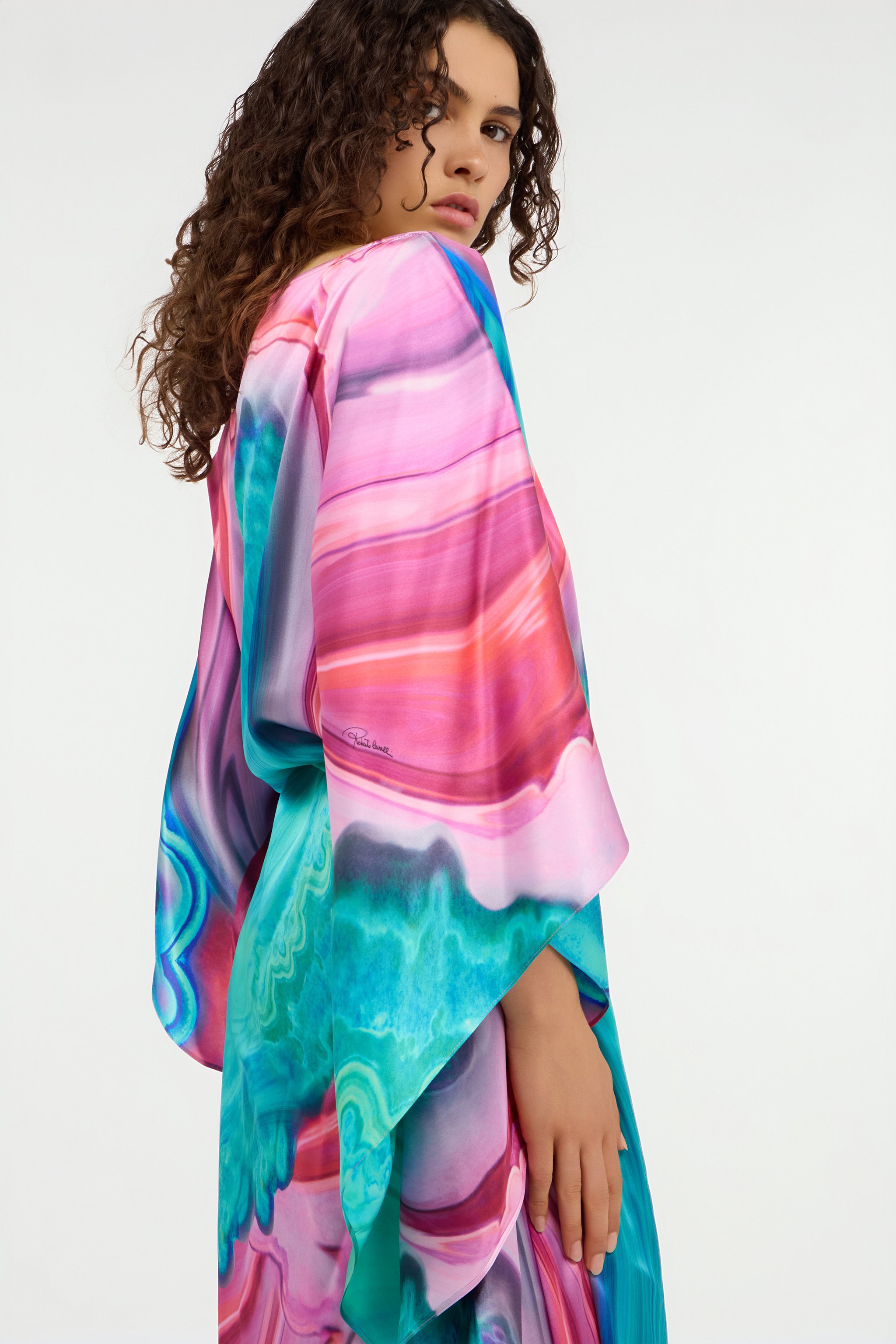 Roberto Cavalli Long Dress In Multicolor Marbled Silk In Multi