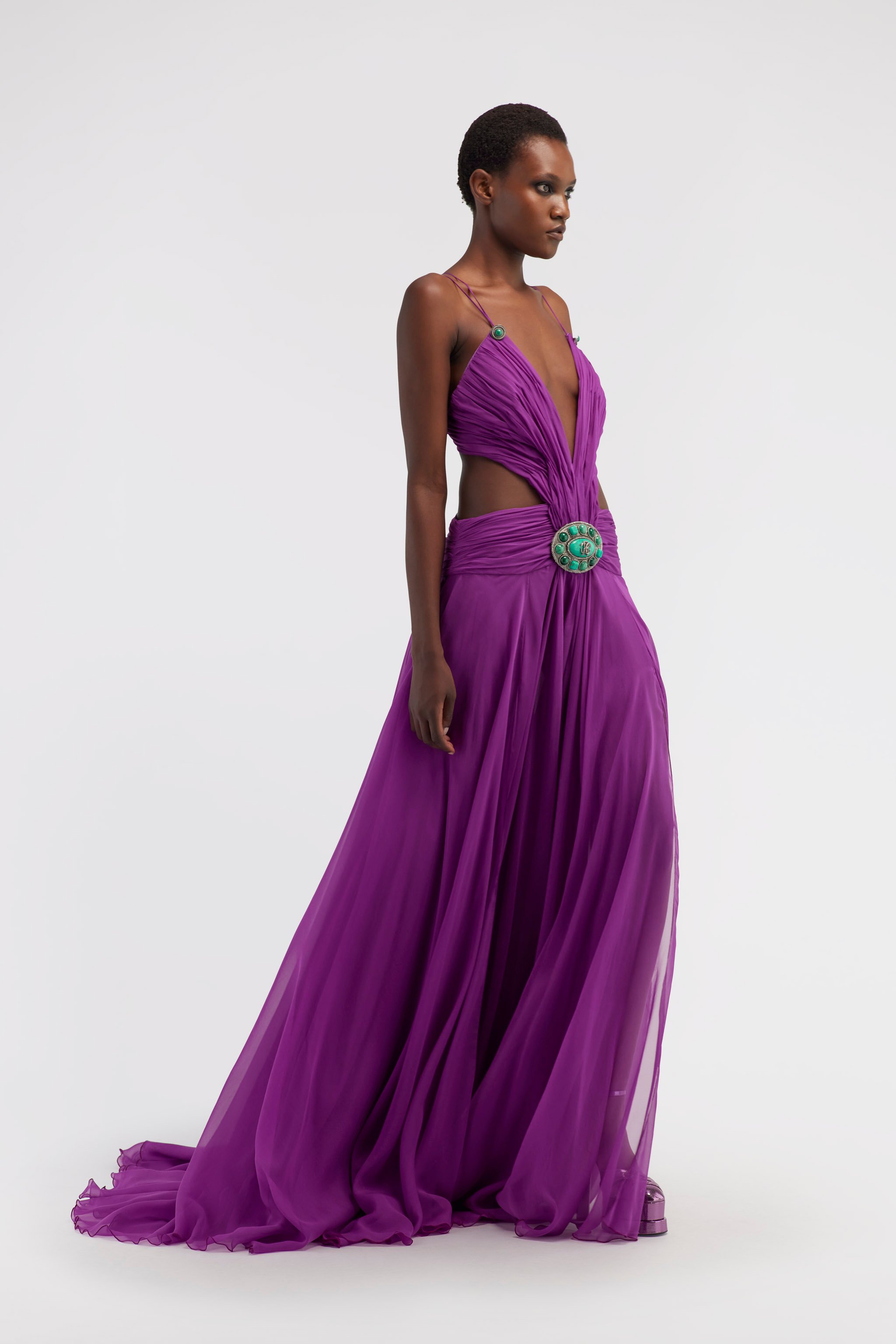 Long silk dress with cut-out