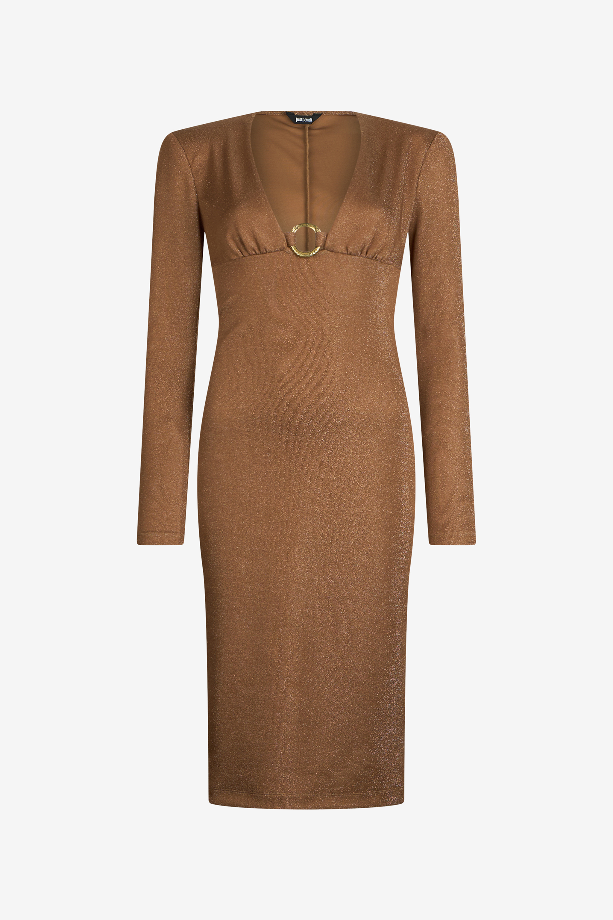 Roberto Cavalli Brown Lurex Midi Dress With Ring Detail In Brown