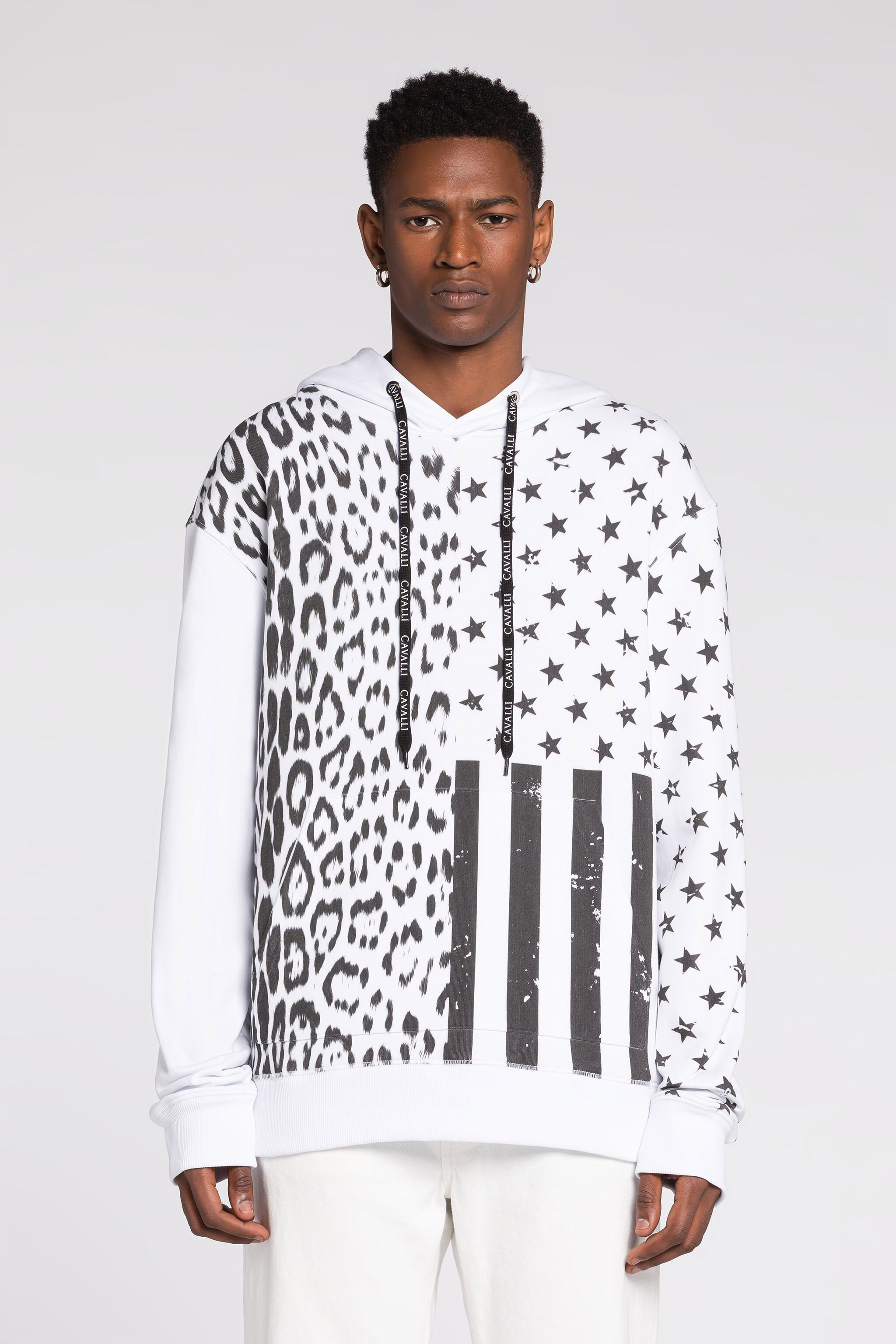 Roberto Cavalli Man Sweatshirt White Size Xxl Cotton In Black/white