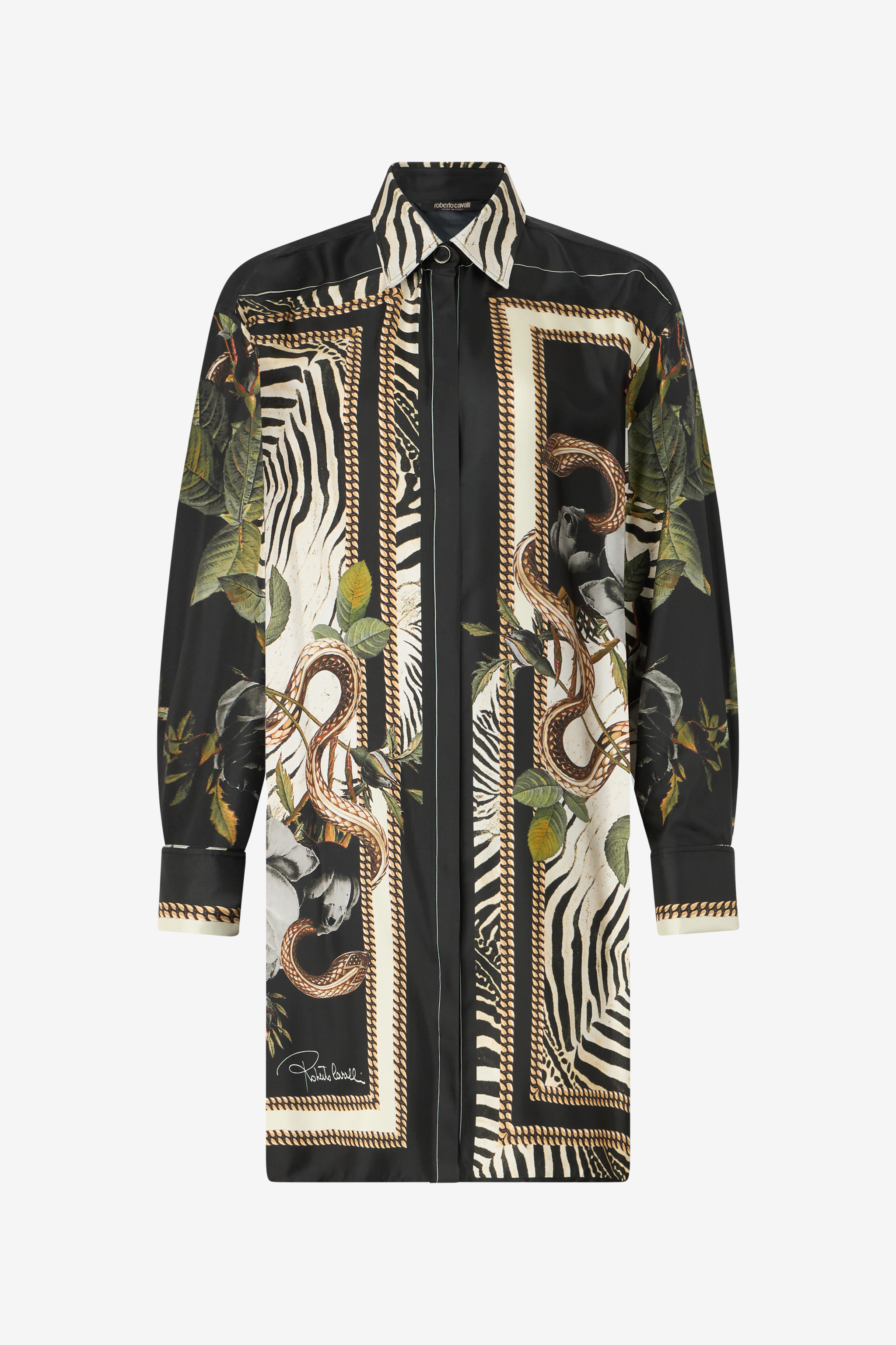 Roberto Cavalli Long Shirt With Zebra And Snake Print In Black