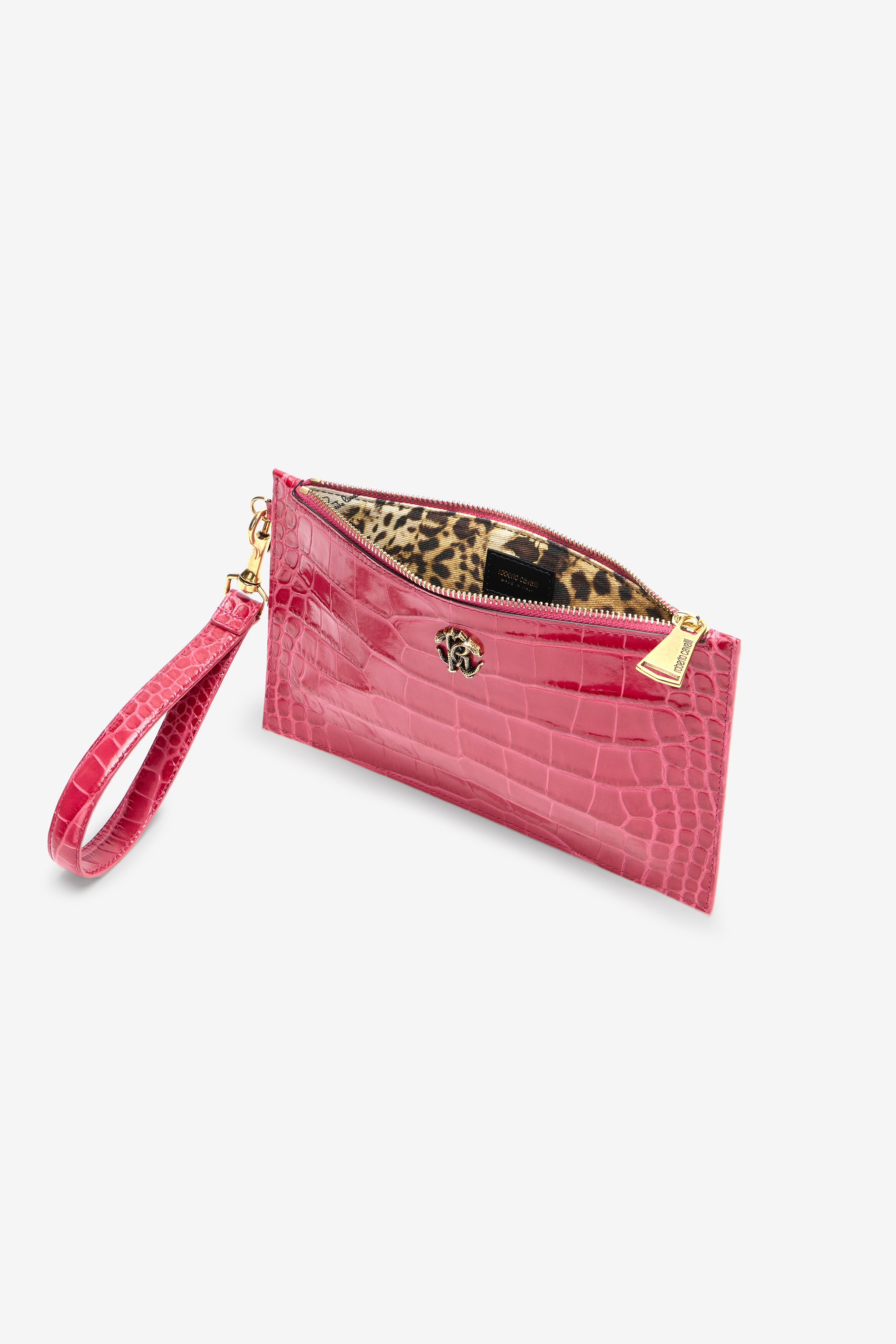 Roberto Cavalli Crocodile-effect Flat Clutch In Pink