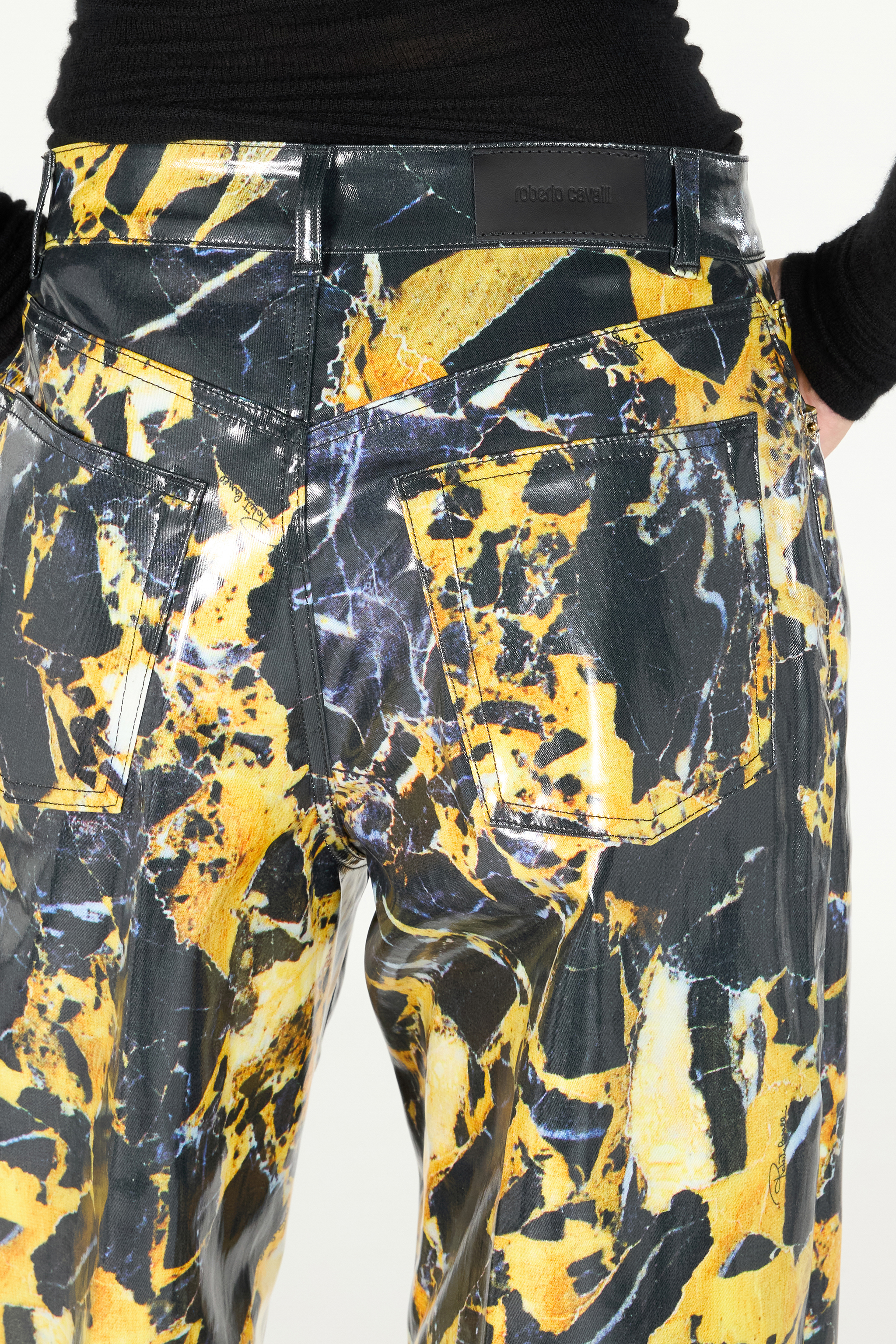 Roberto Cavalli Loose Trousers With Marble Print In Trasparente/nero