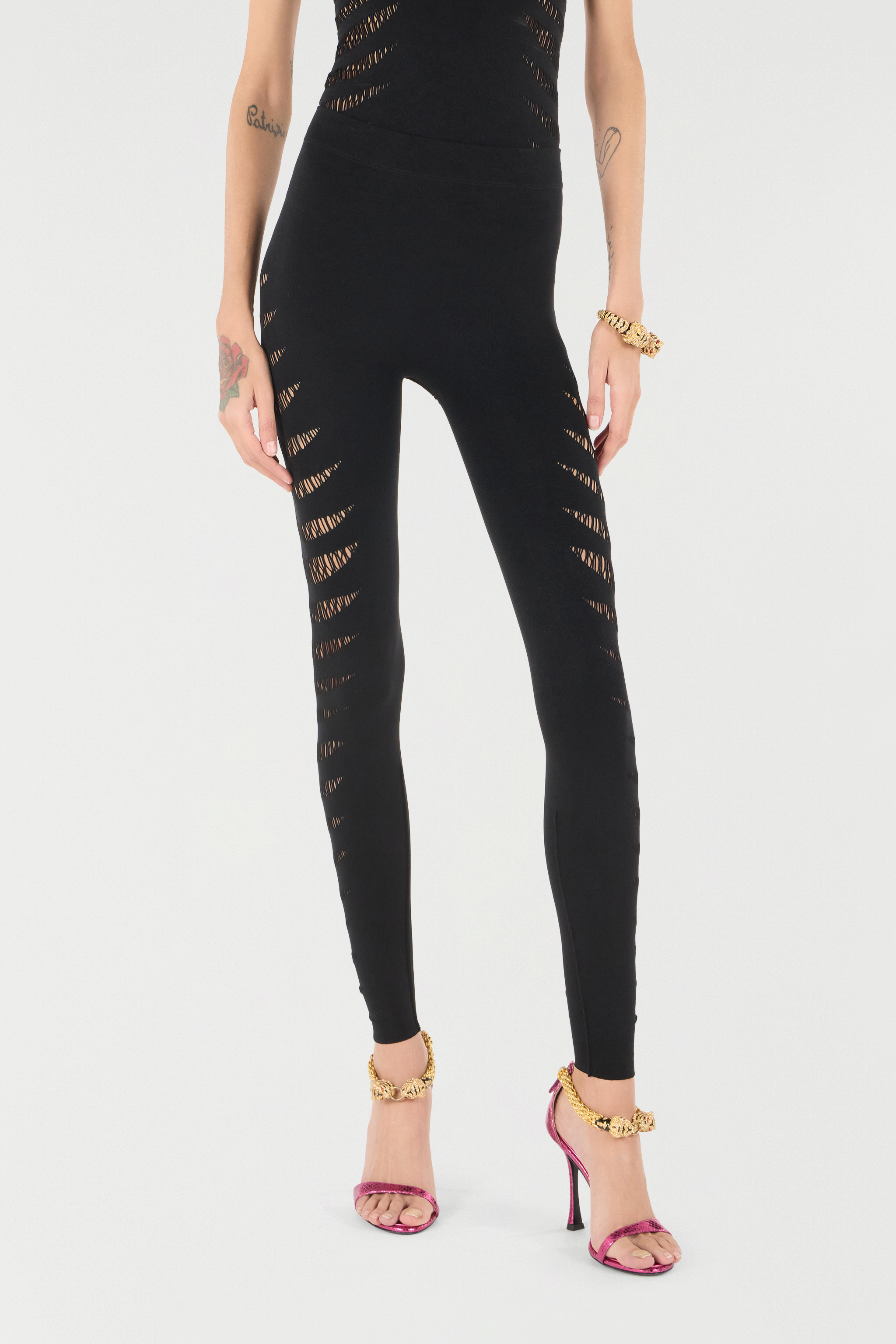 Shop Roberto Cavalli Leggings With Perforated Python Pattern In Black