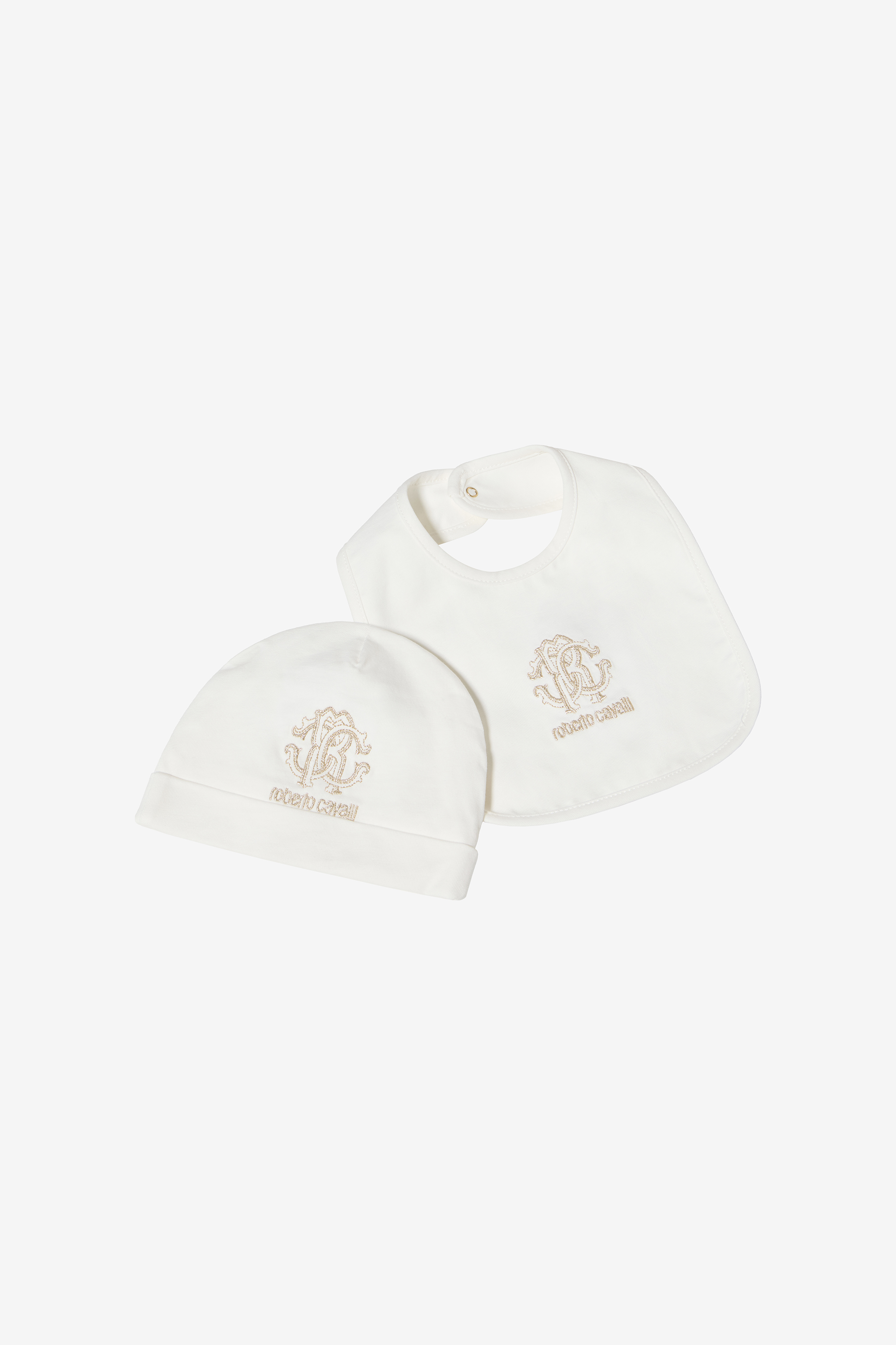 Roberto Cavalli Milk White Hat, Bib, And Romper Set With Logo In White