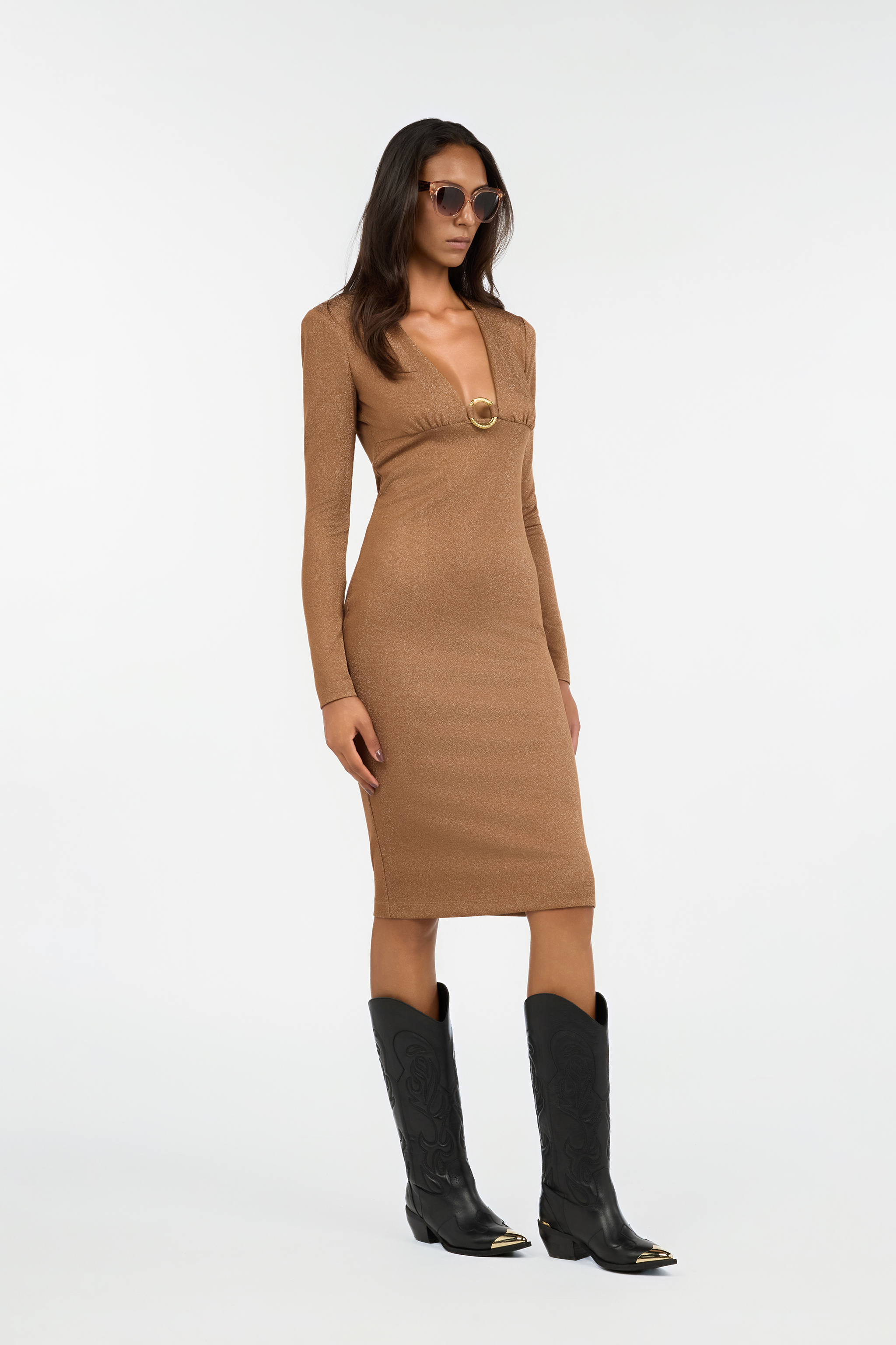 Brown Lurex Midi Dress With Ring Detail