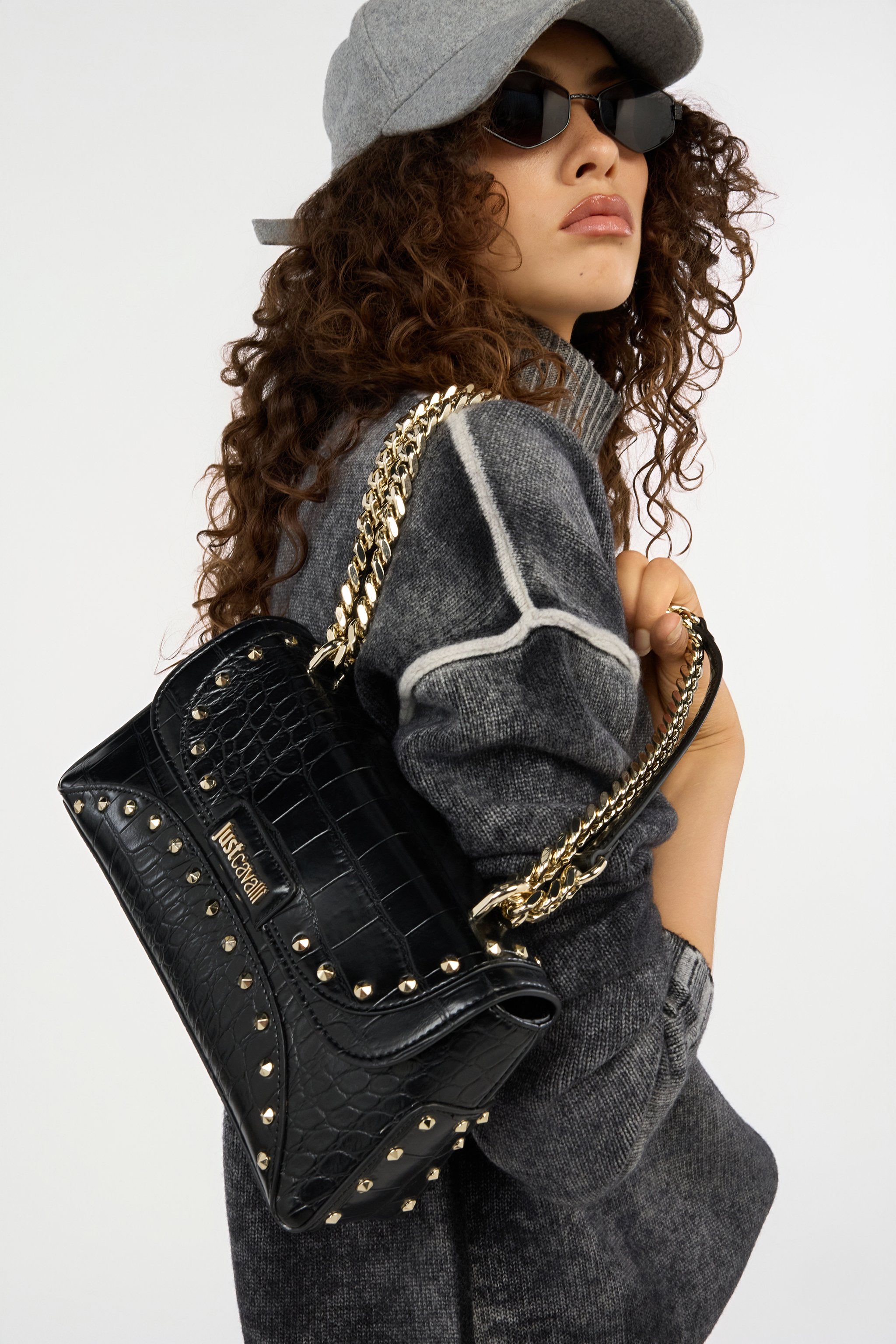 Roberto Cavalli Black Croc-effect Studded Shoulder Bag In Black