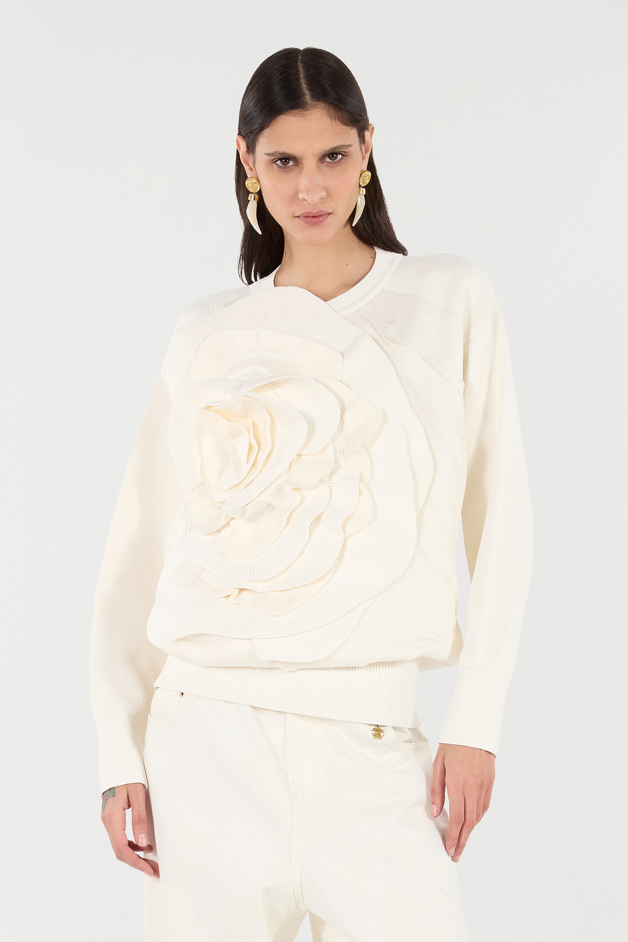 Roberto Cavalli Sweater With Maxi-rose In White
