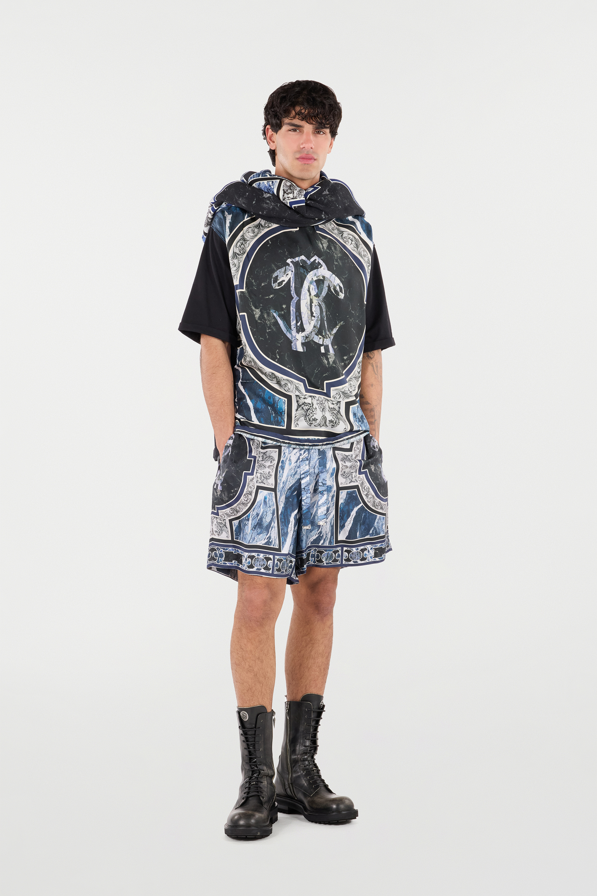 Roberto Cavalli Short With Marble Print And Accents In Blue