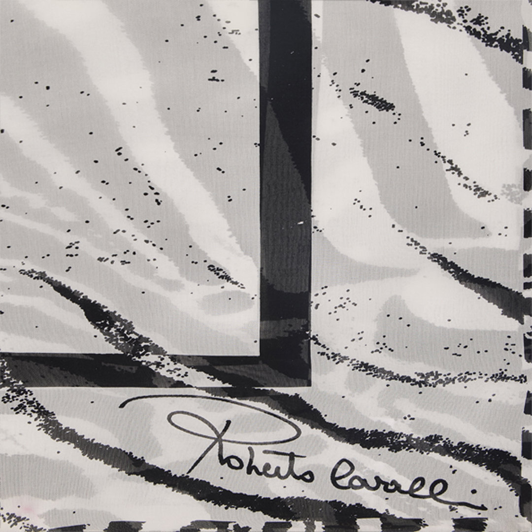 Roberto Cavalli Silk Scarf With White Tigresse Print In Black-white