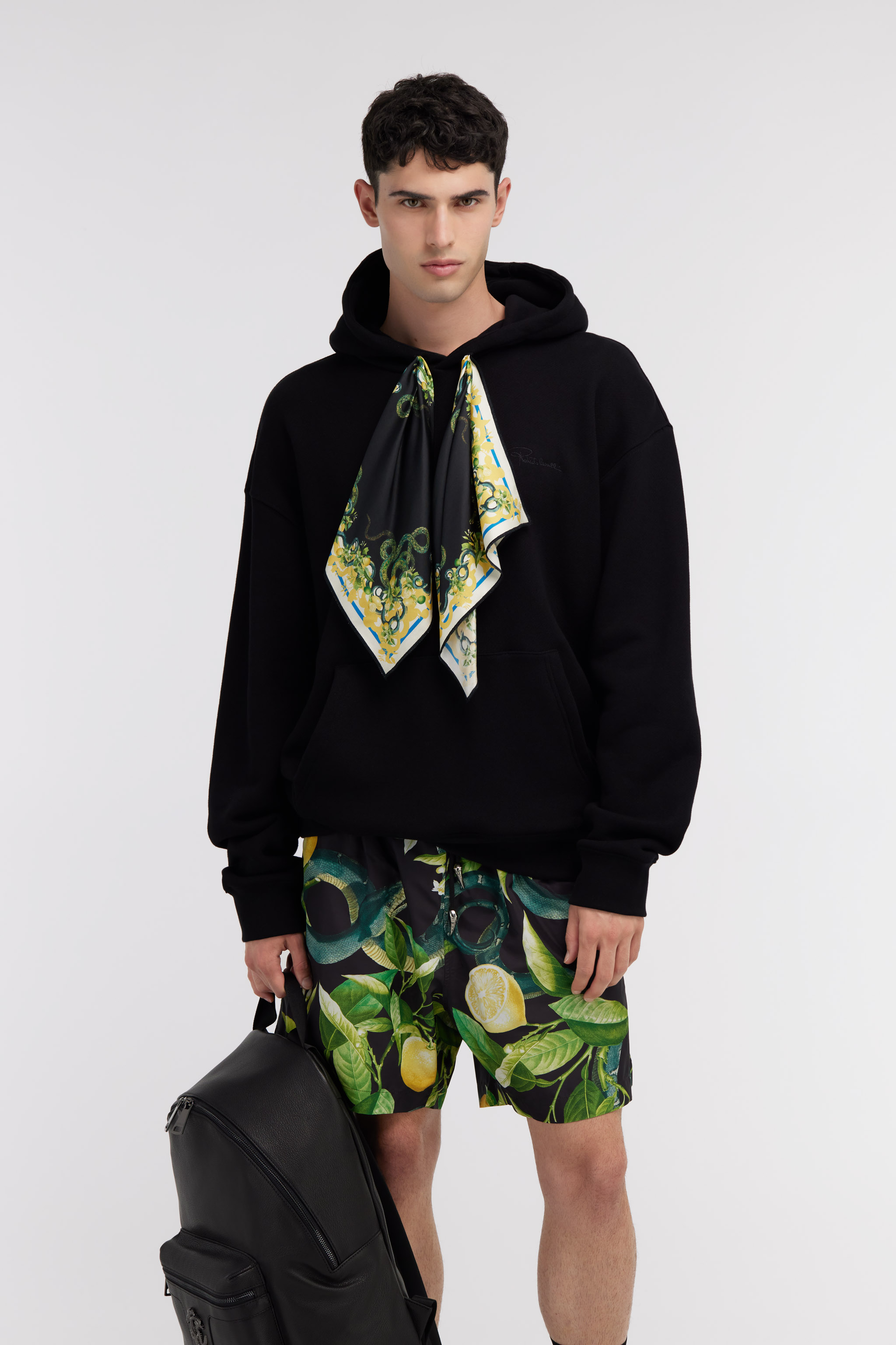 Roberto Cavalli Sweatshirt With Laces And Lemon Snake Print Details In Black