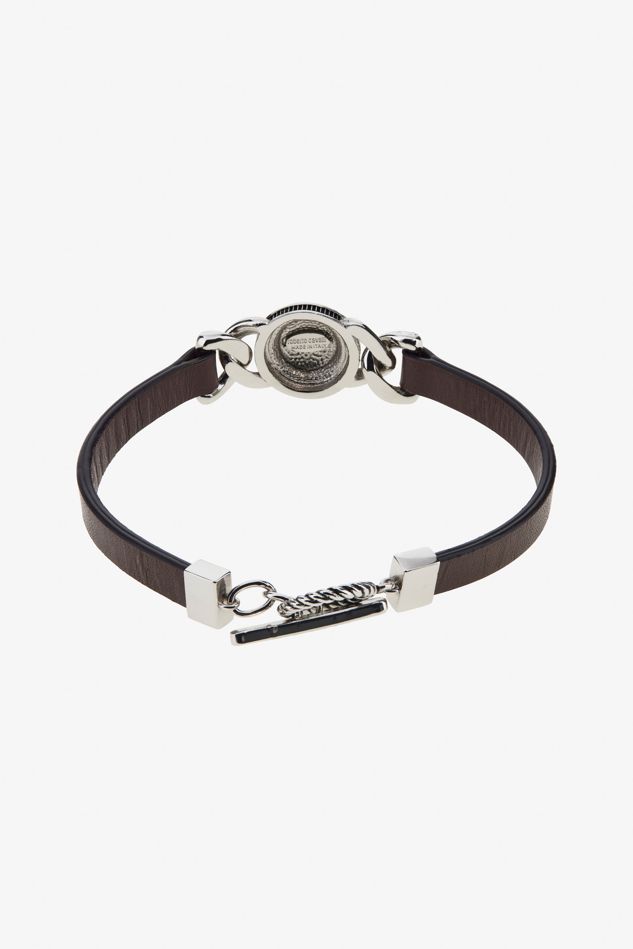 Roberto Cavalli Leather Chain-link Green-stone Bracelet In Brown