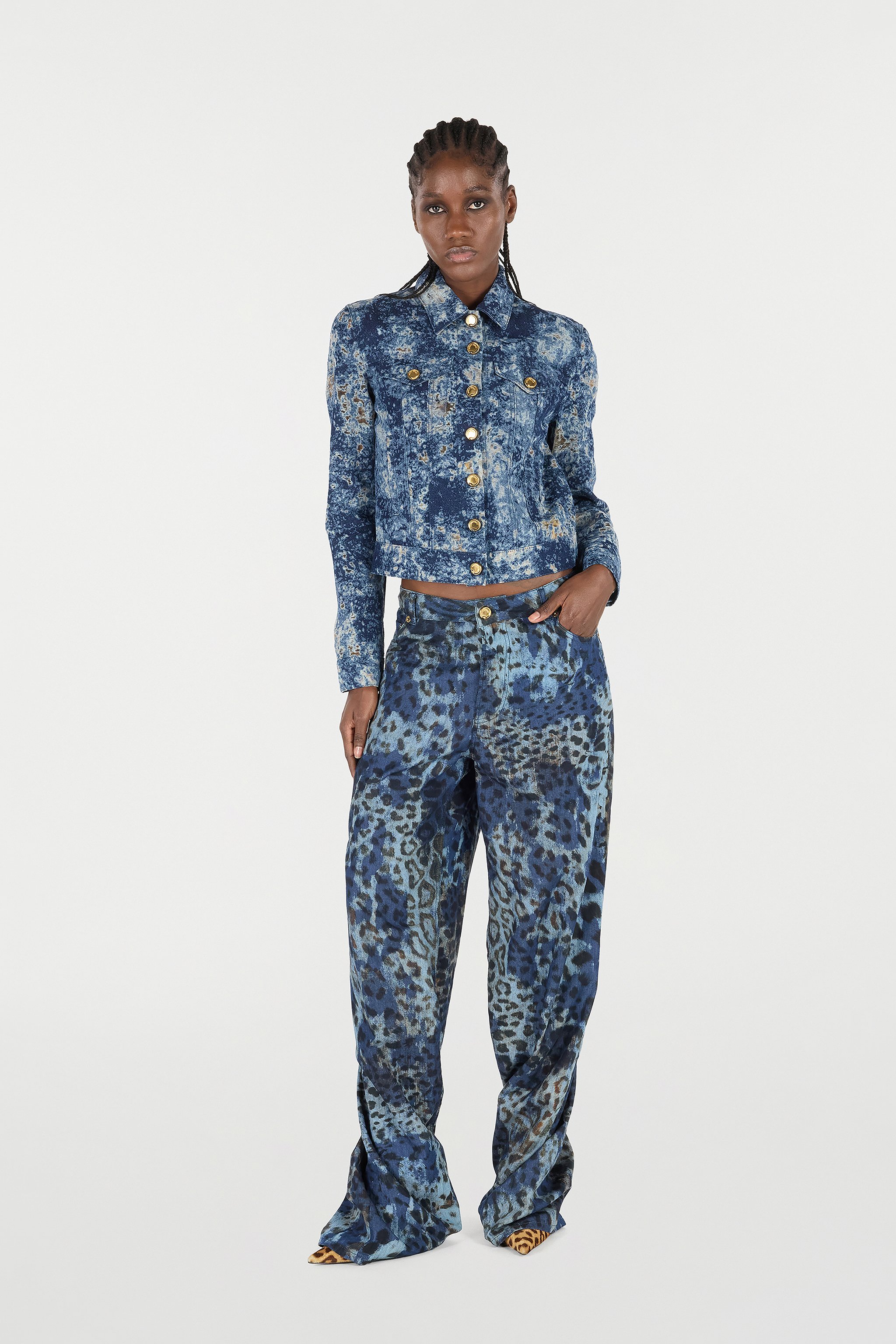 Roberto Cavalli Denim Jacket With Discoloration In Multi