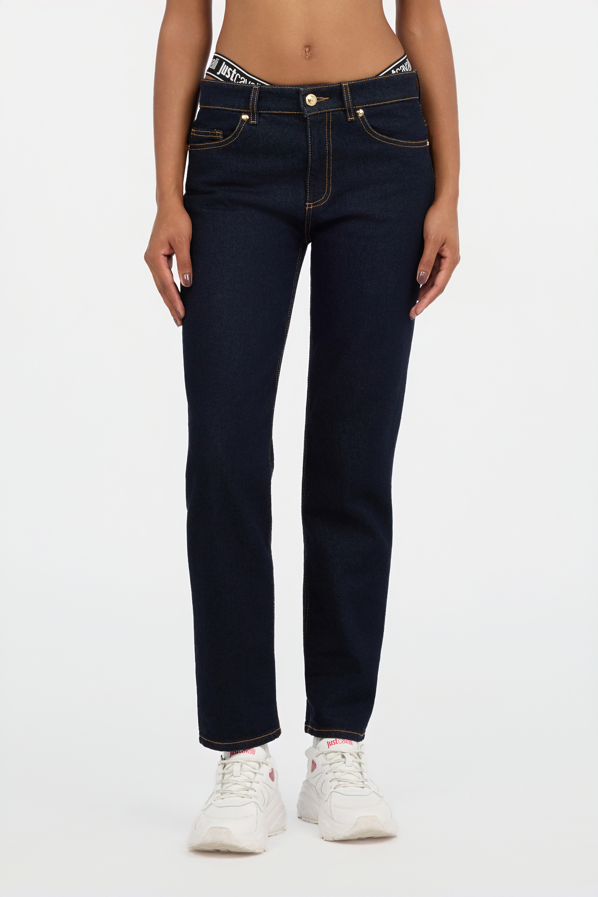 Roberto Cavalli Dark Blue Straight Leg Jeans With Contrast Stitching In Black