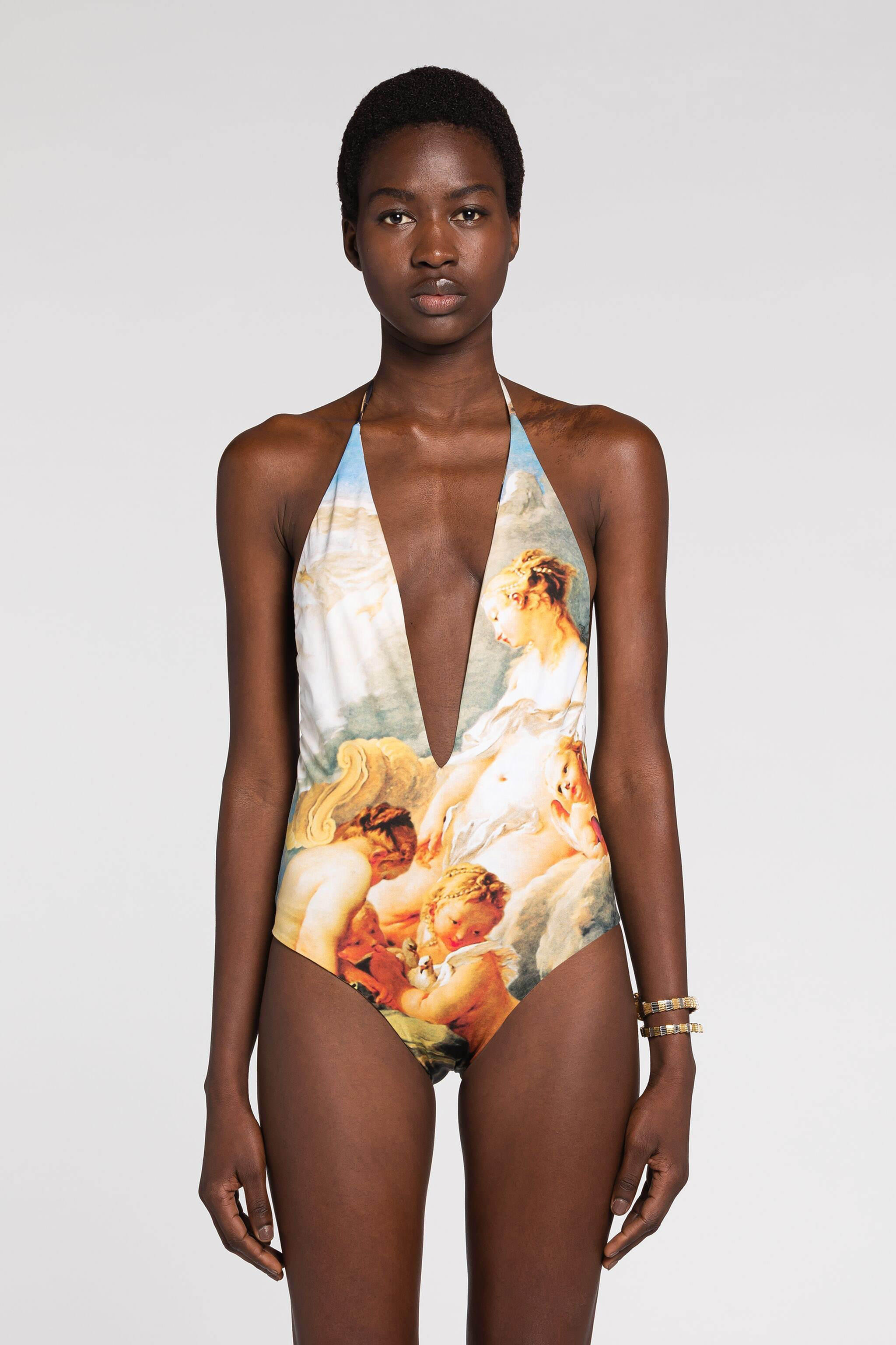 Shop Roberto Cavalli Neckholder-badeanzug Mit Malerei-print In Light Blue