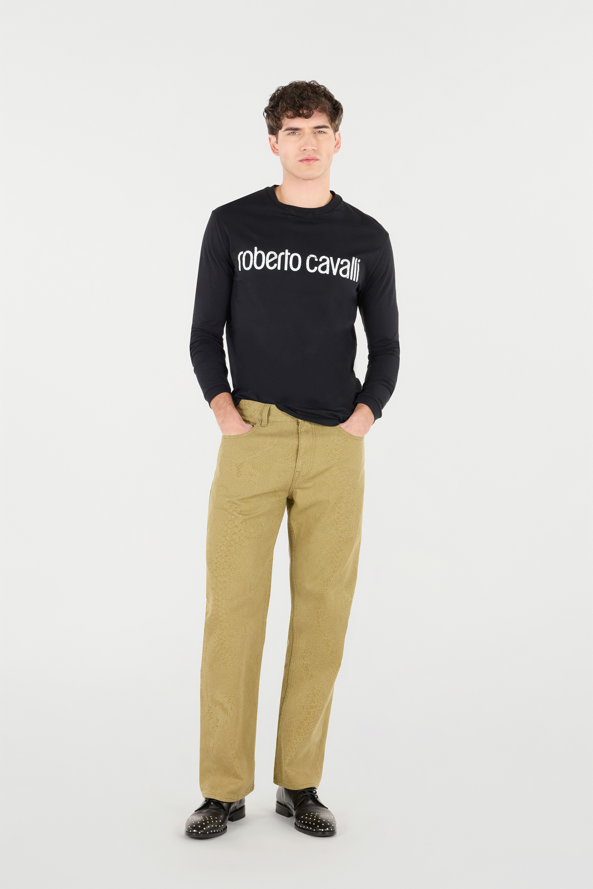 Roberto Cavalli Python-print Five-pocket Pants In Kaki