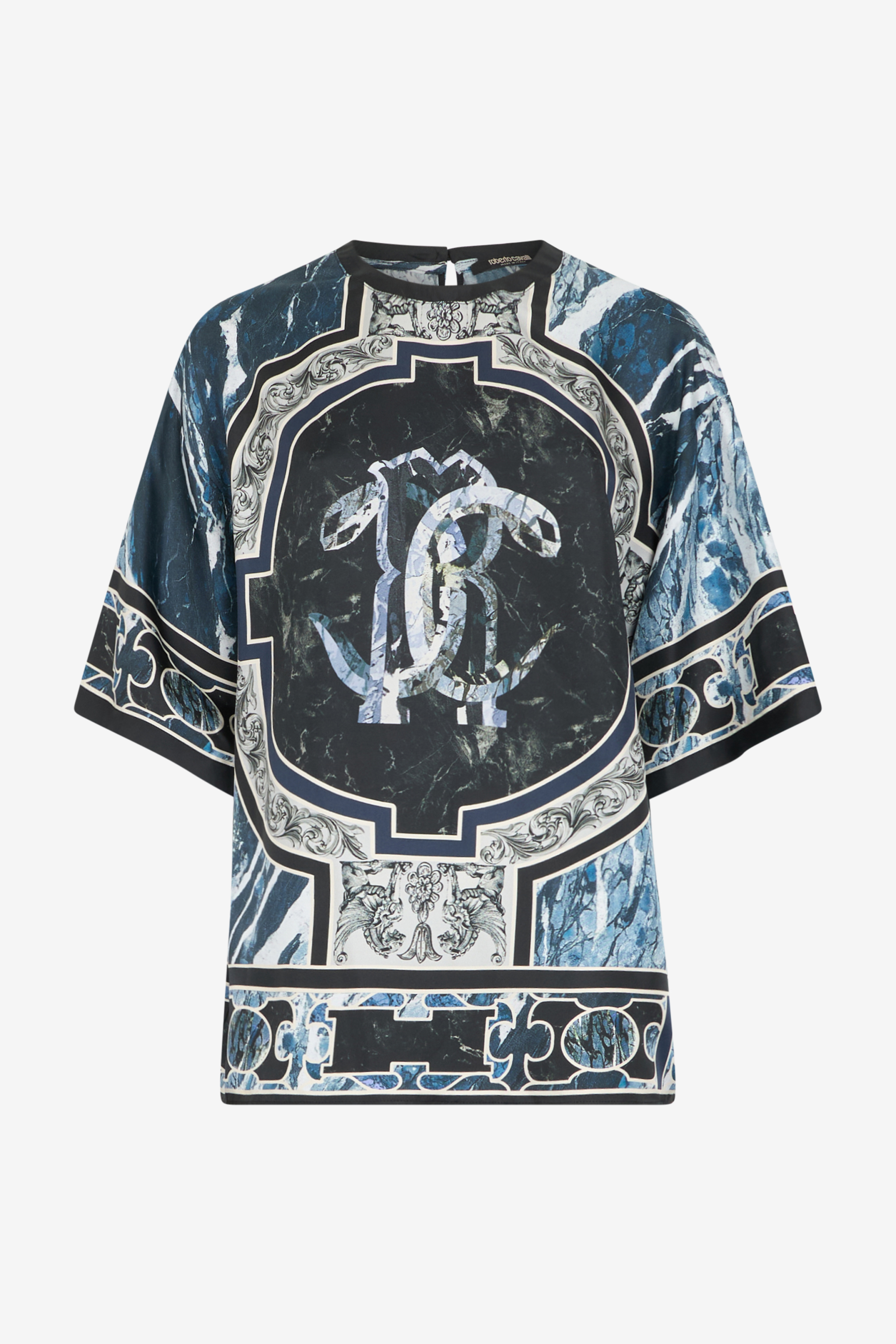 Roberto Cavalli Women's Dark/Blue T-Shirt With Mirror Snake Monogram And Marble Print - Ready To Wear