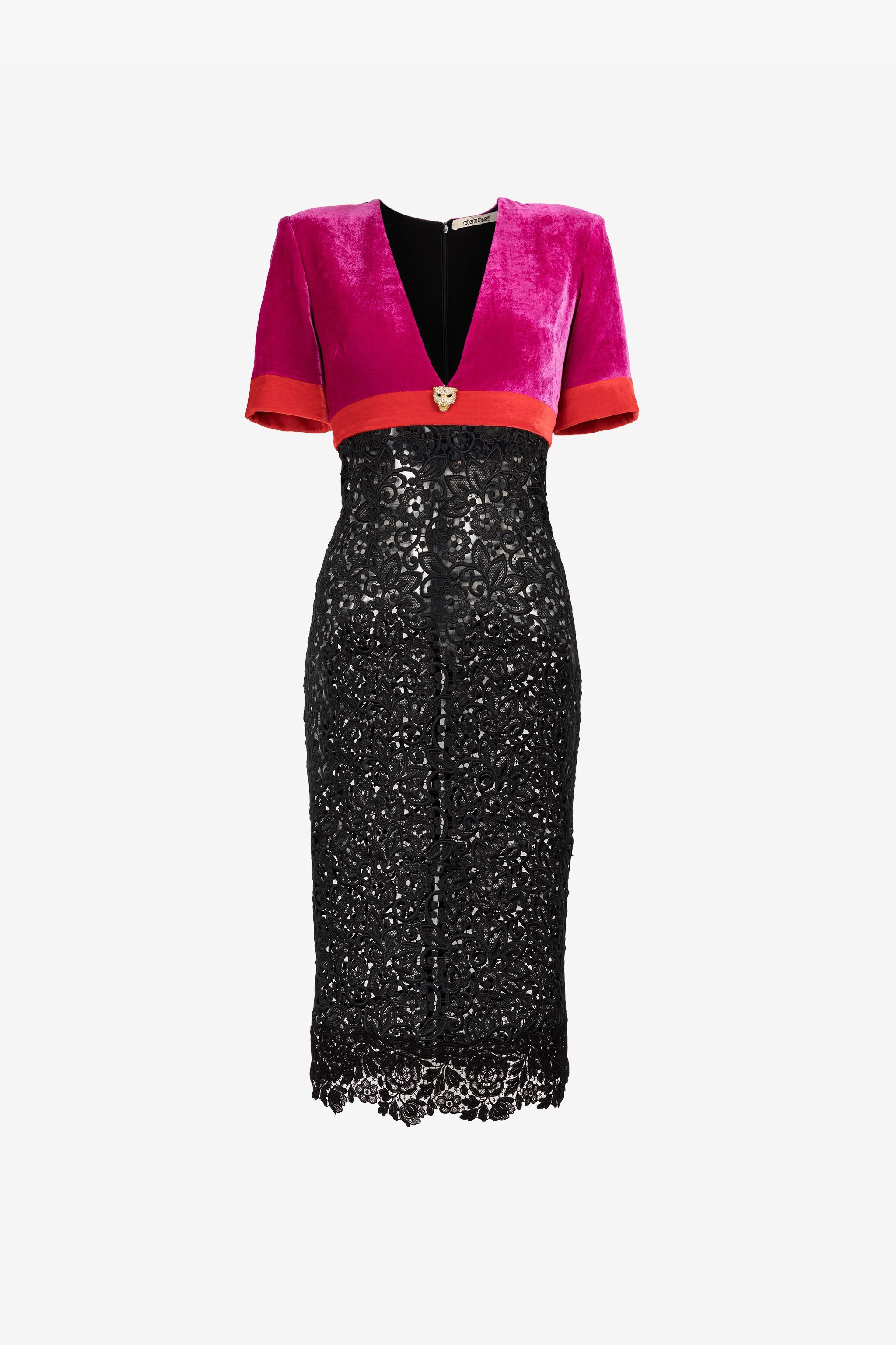 Roberto Cavalli Velvet And Lace Dress In Cardinale