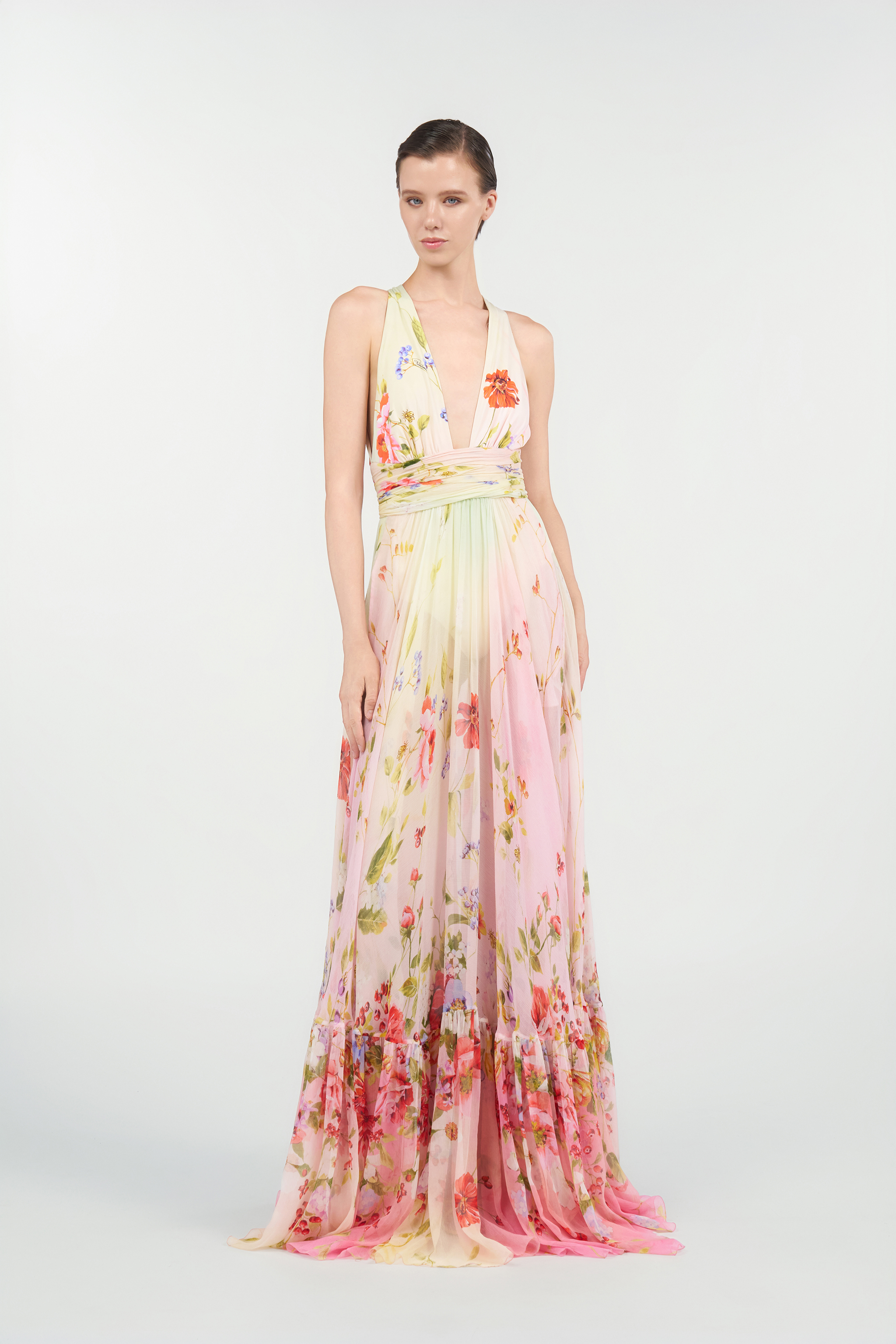 Roberto Cavalli Long Chiffon Dress With Miami Flowers Print In Pink