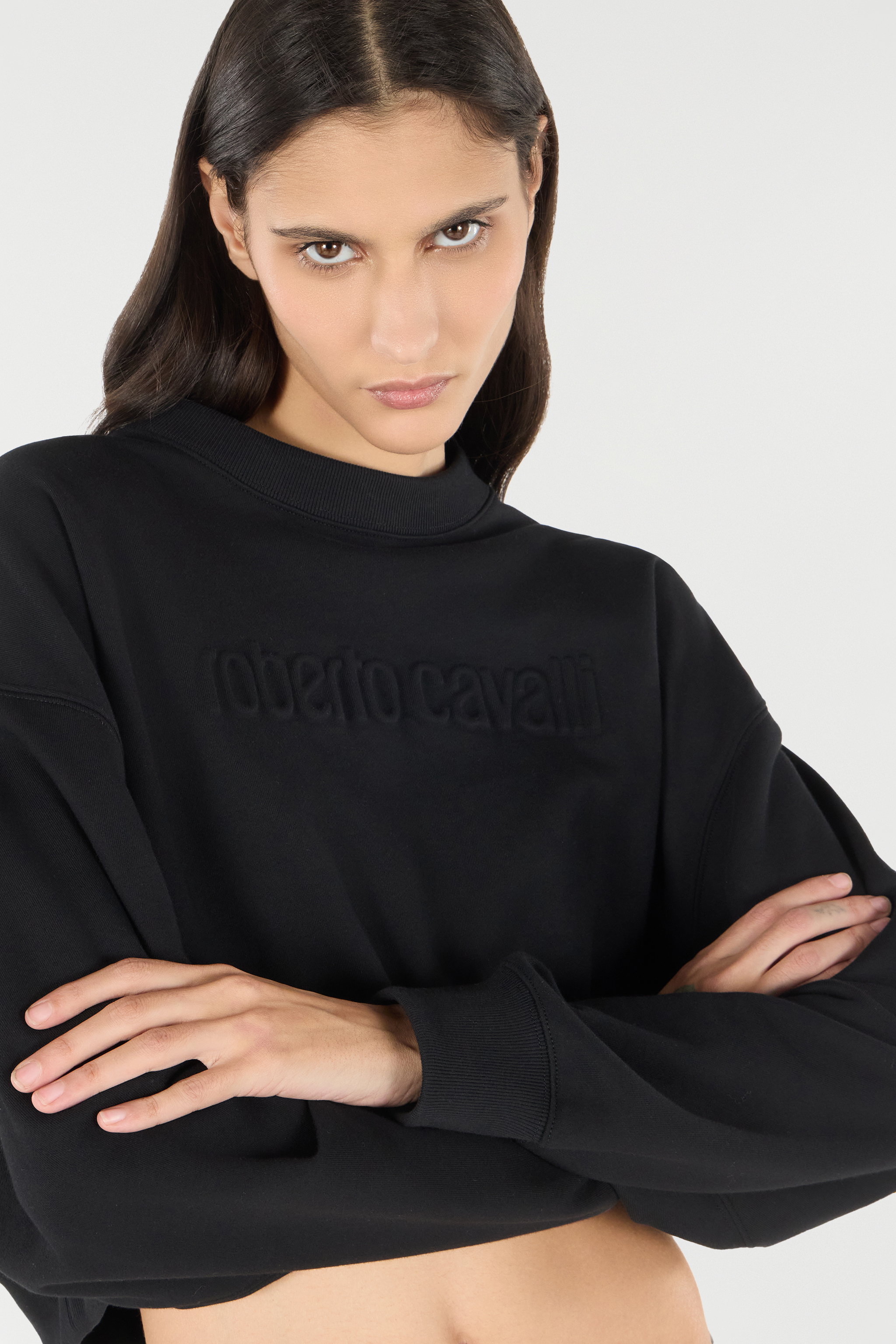 Roberto Cavalli Cropped Sweatshirt With Logo In Black