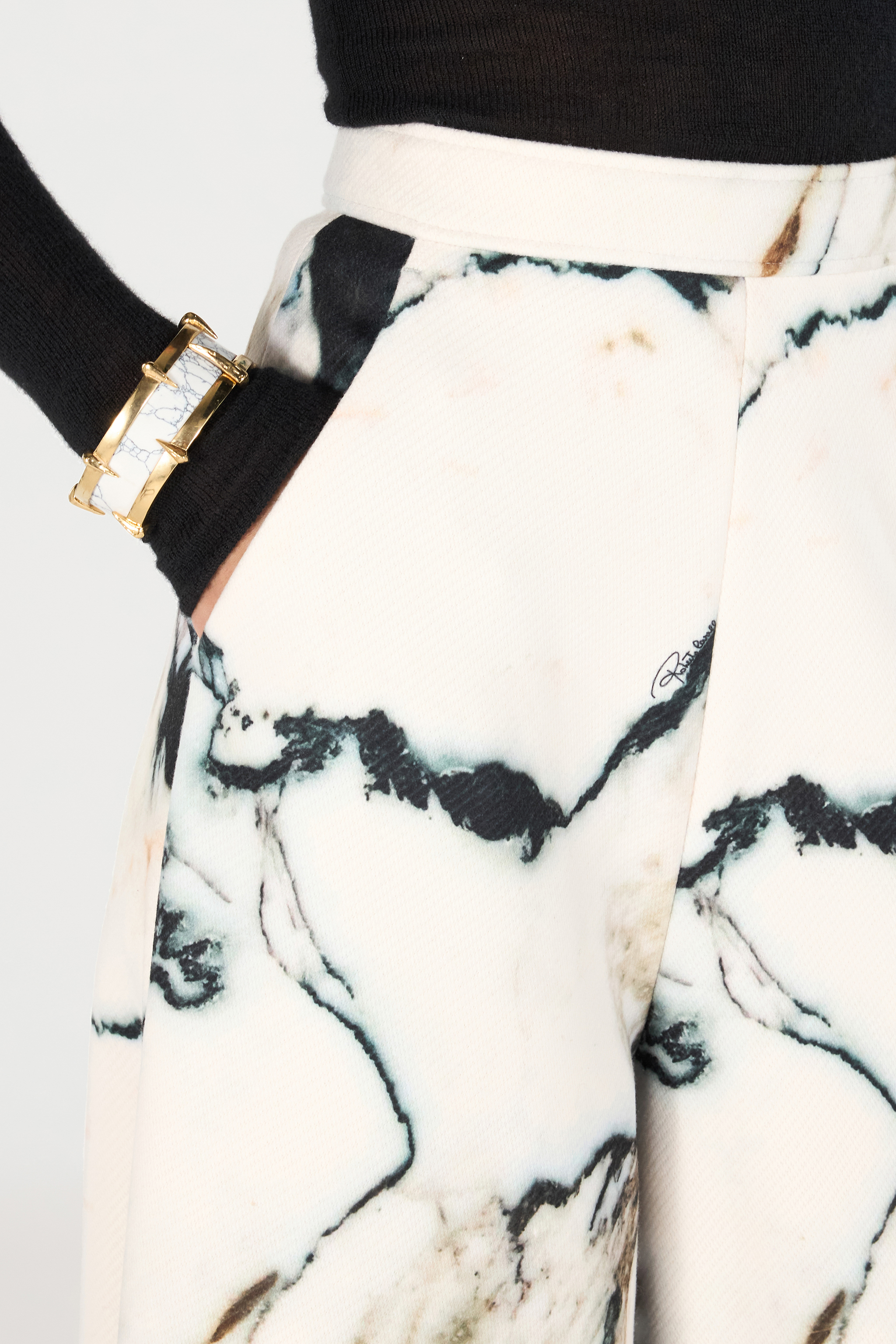 Roberto Cavalli Loose Flare Trousers With Marble Print In Black/white