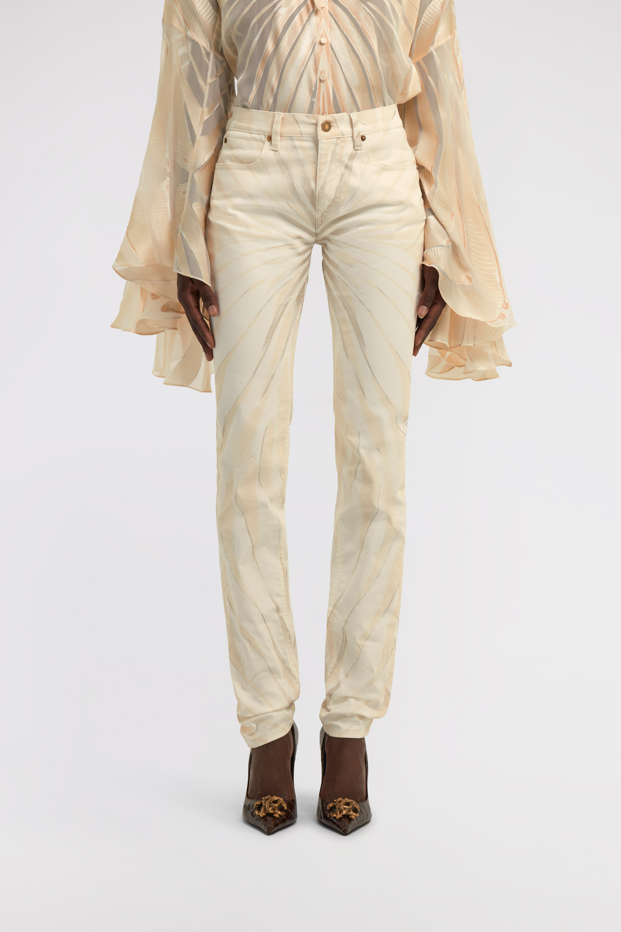 ROBERTO CAVALLI RAY OF GOLD PRINT SKINNY COTTON TROUSERS