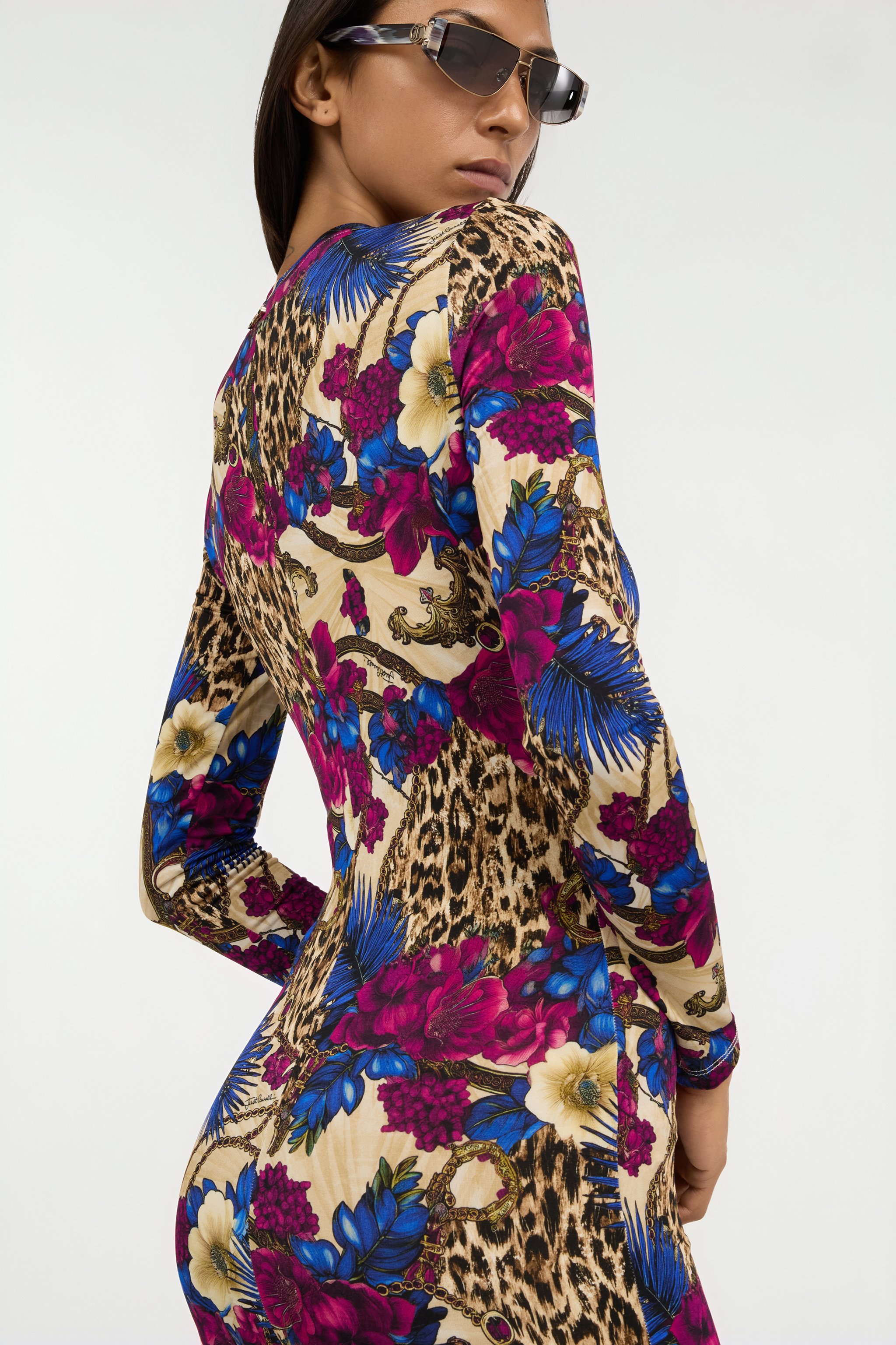 Roberto Cavalli Flower Leopard Print Midi Dress