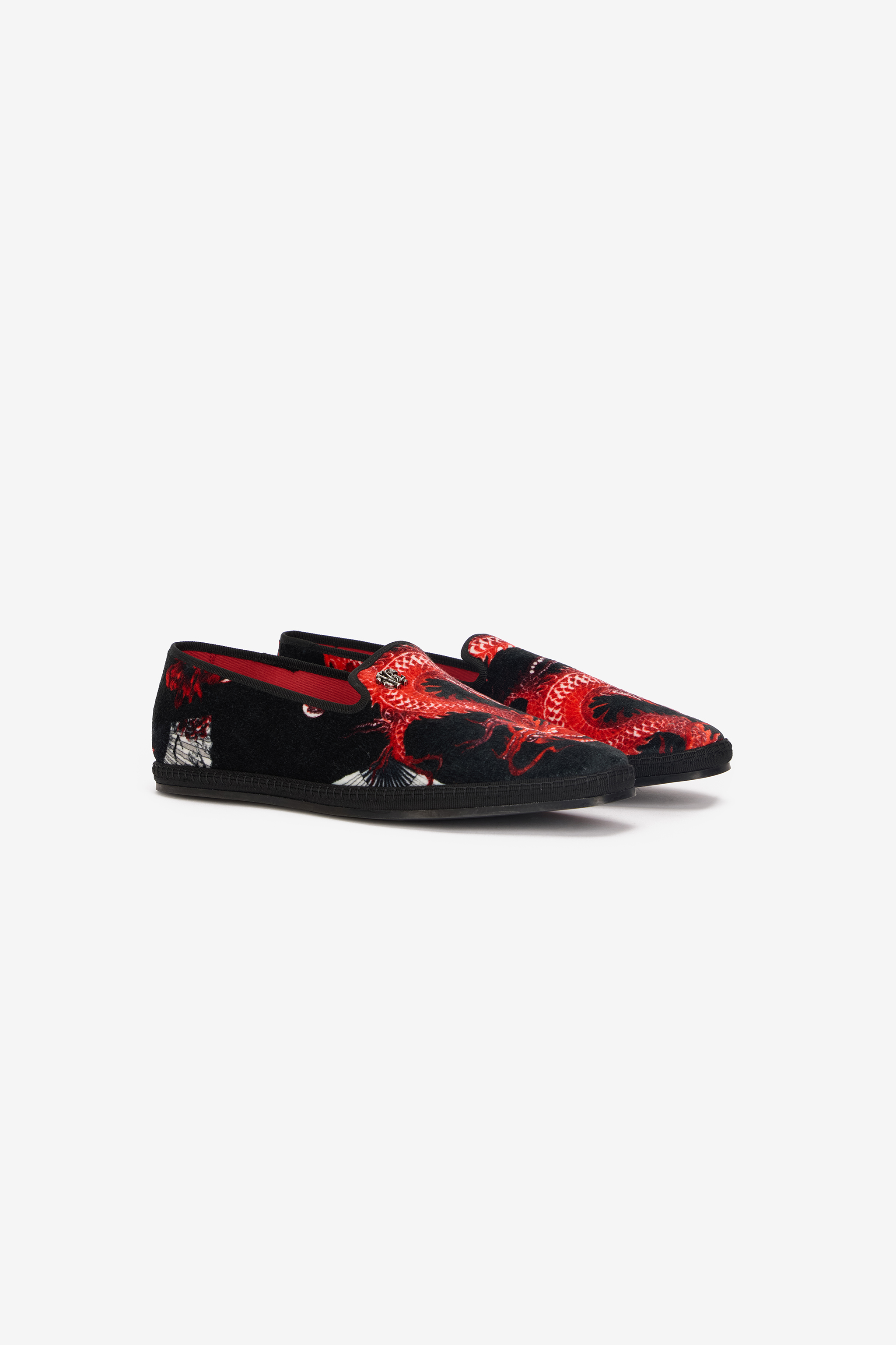 Roberto Cavalli Men's Black/Red Embroide Velvet Loafers - Loafers & Moccasins