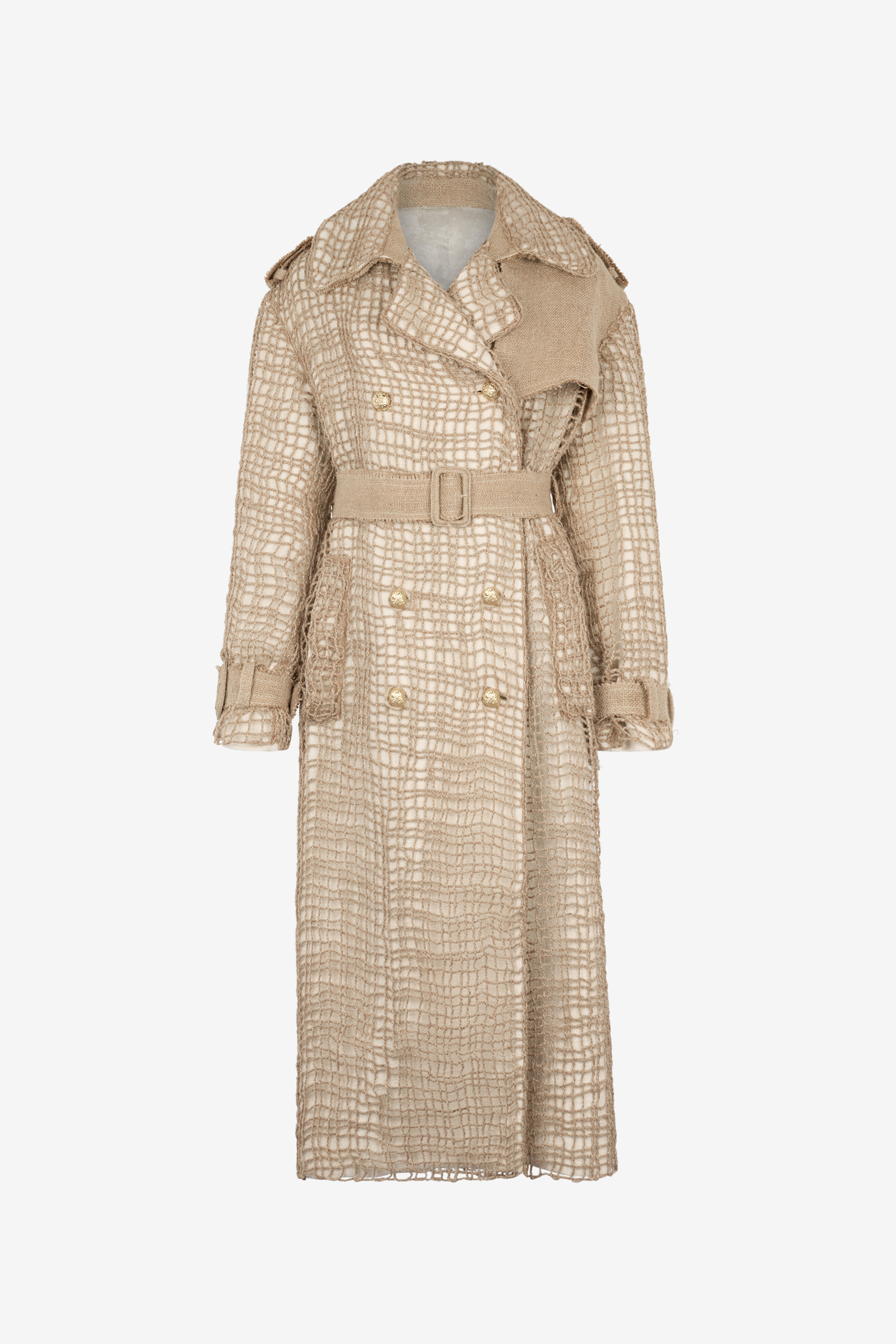 Roberto Cavalli Grid Trench Coat With Belt In Light Brown